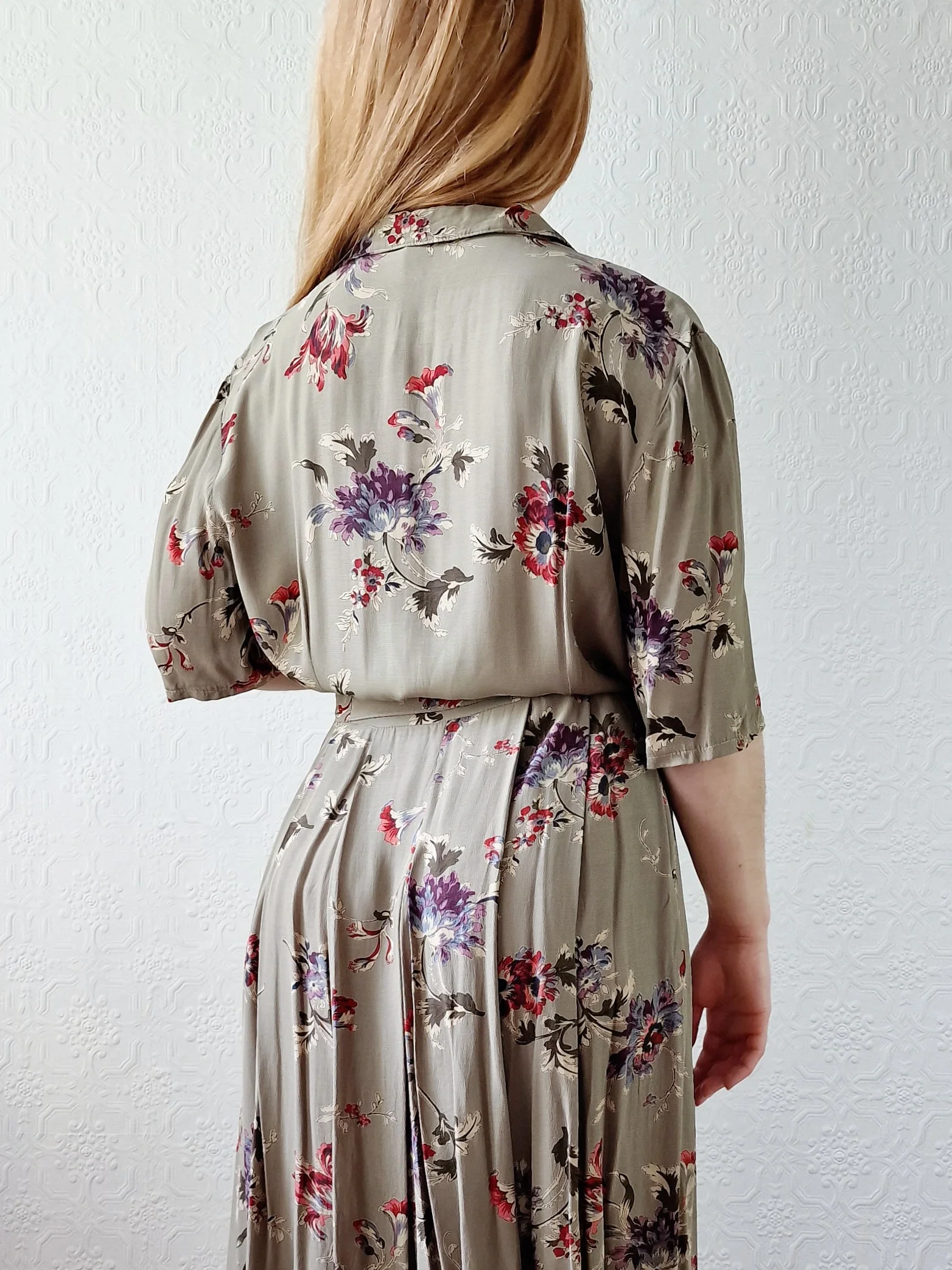 Vintage Khaki Green Short Sleeve Floral Shift Dress - L - Image 4