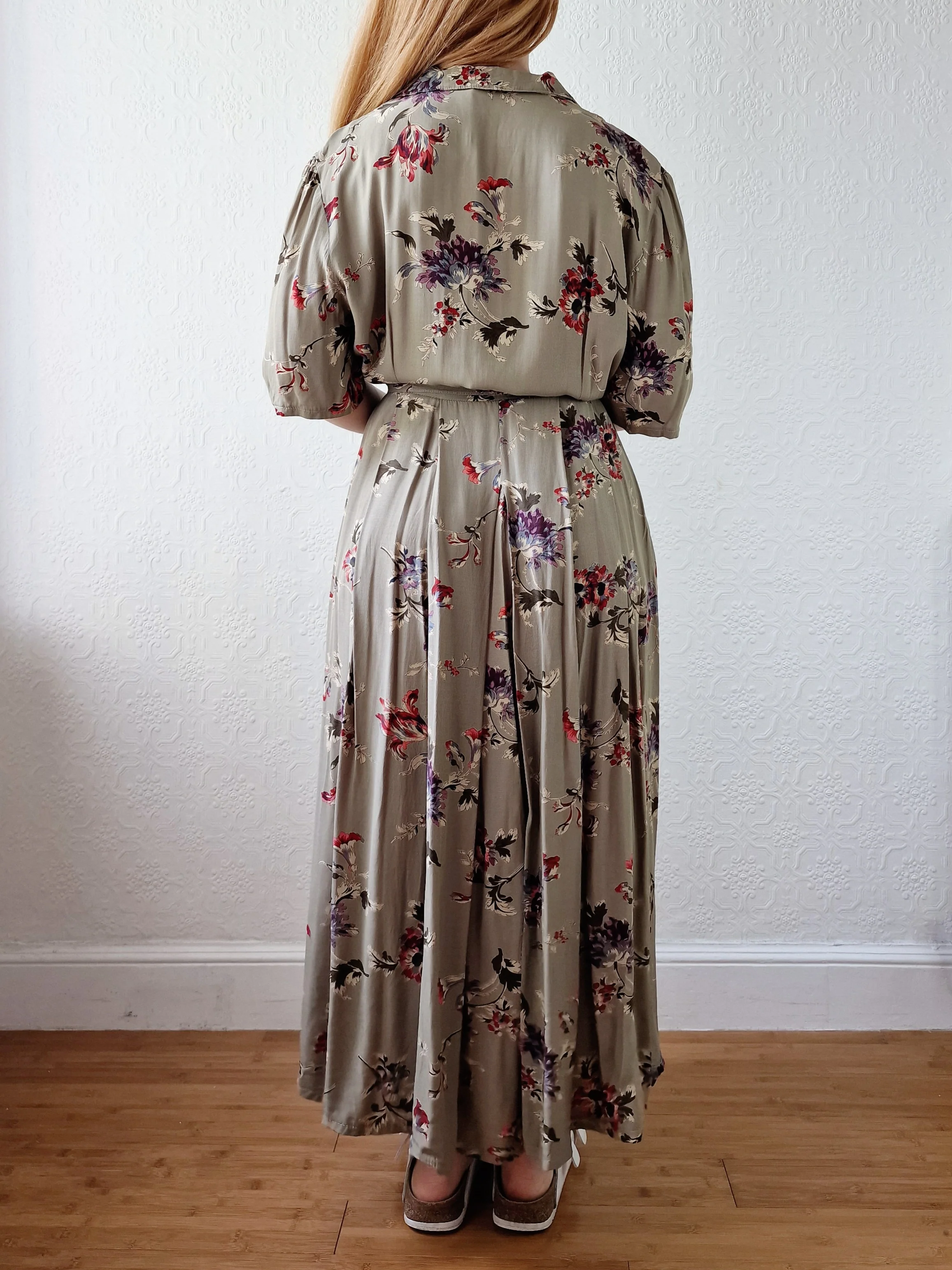 Vintage Khaki Green Short Sleeve Floral Shift Dress - L - Image 5