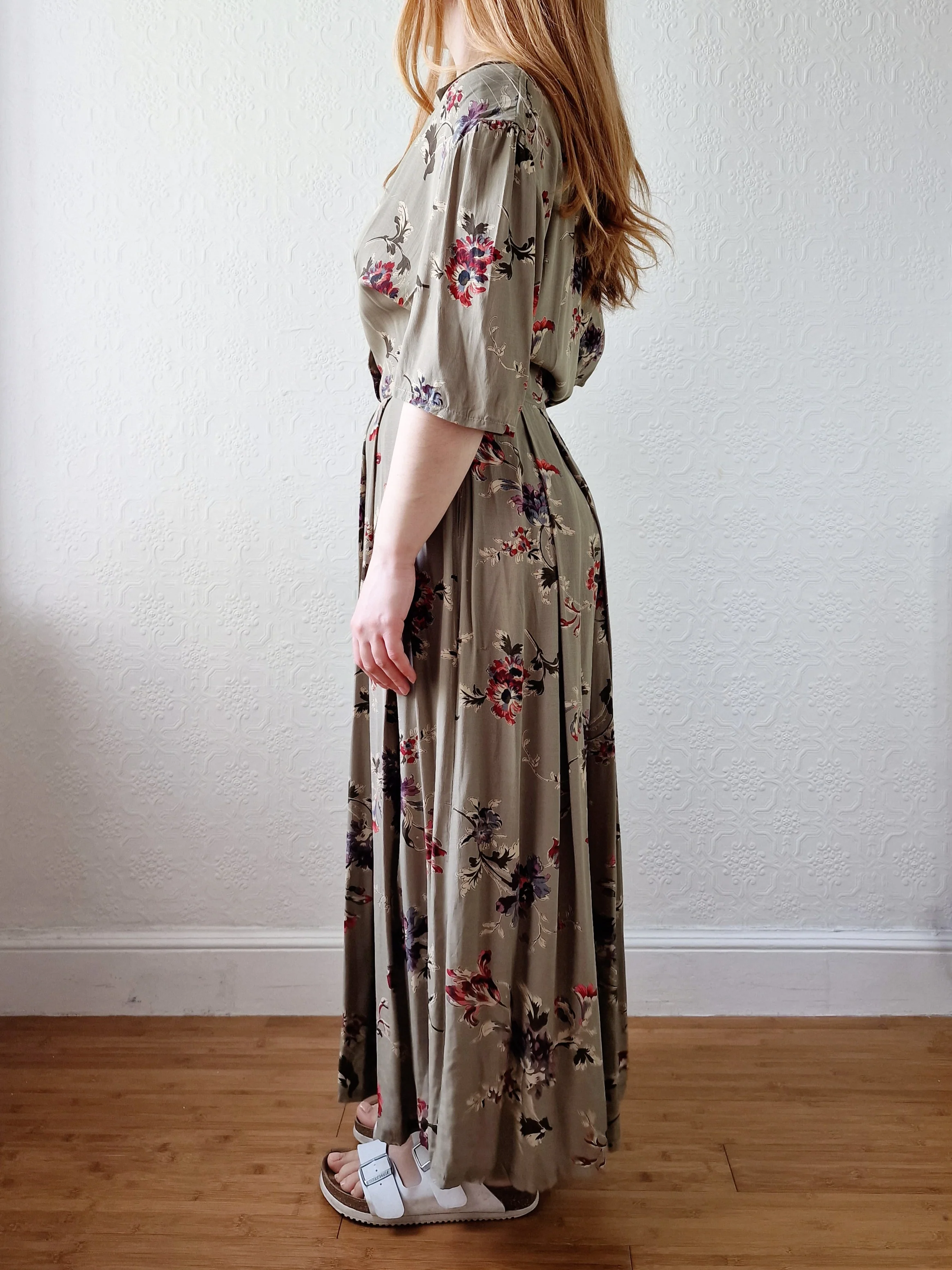 Vintage Khaki Green Short Sleeve Floral Shift Dress - L - Image 6