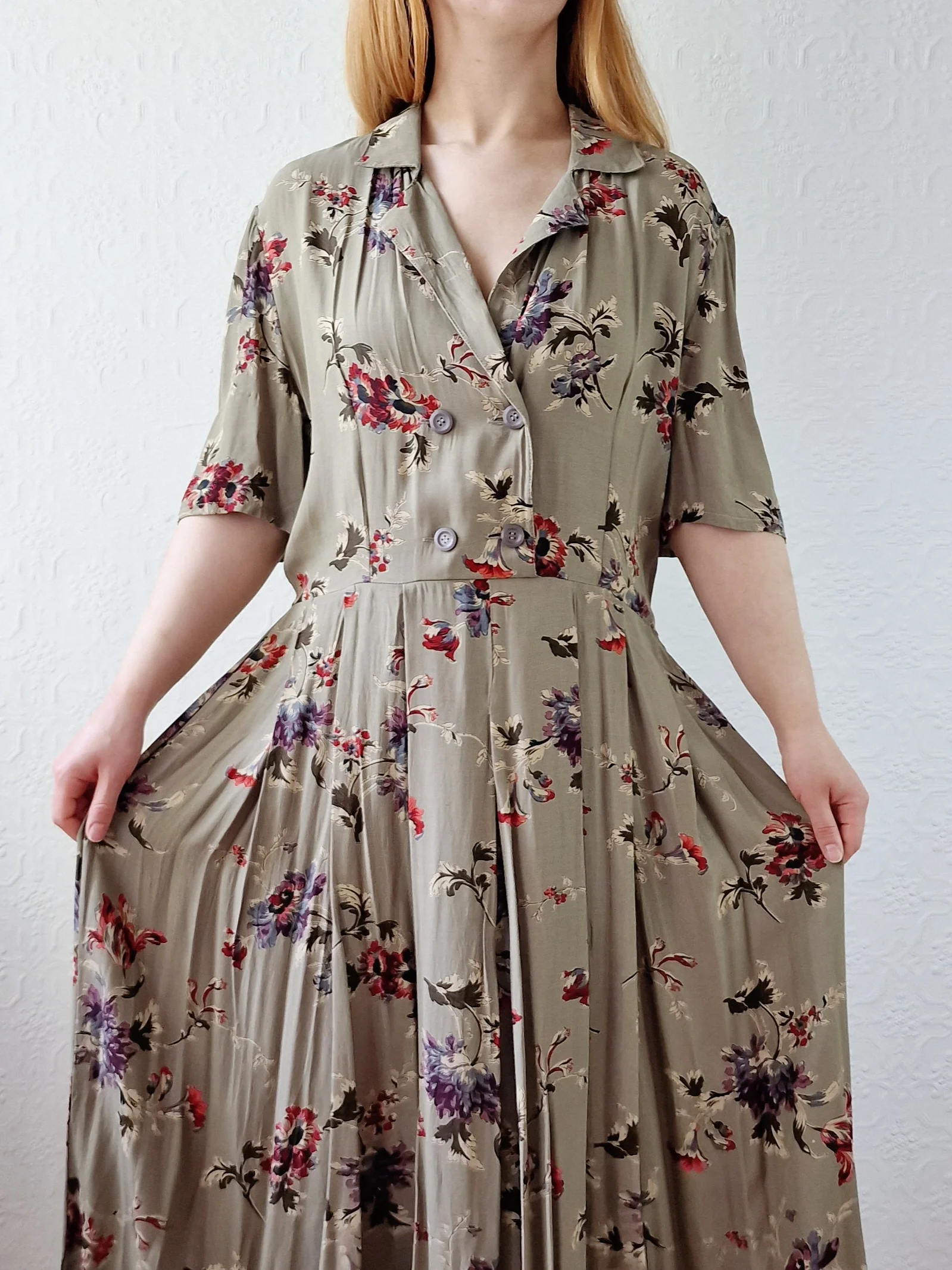 Vintage Khaki Green Short Sleeve Floral Shift Dress - L - Image 7