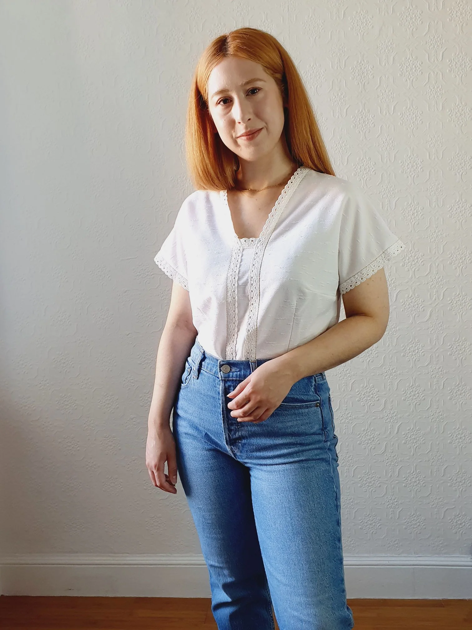 Vintage Lace Trim White Blouse - M