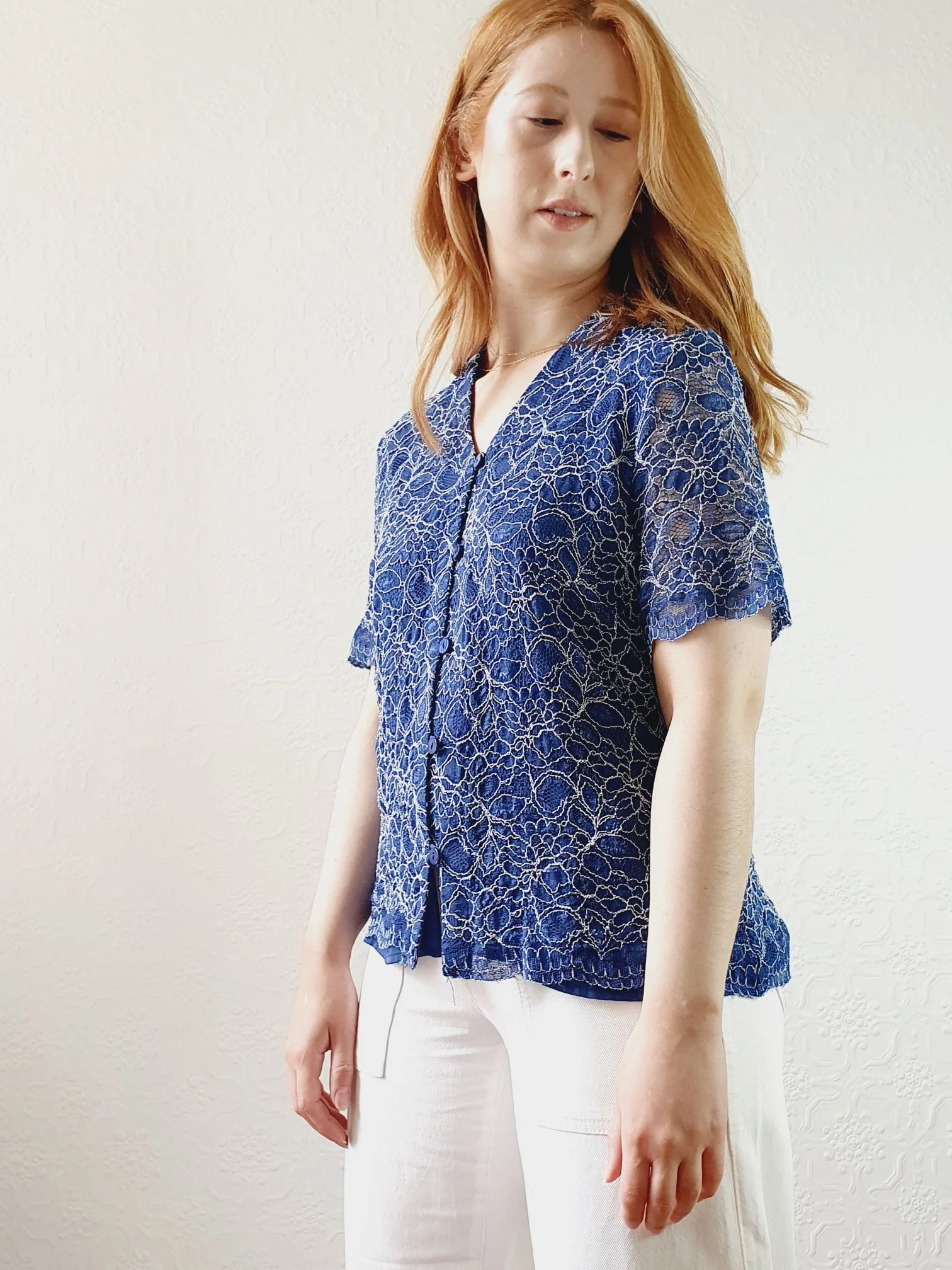 Vintage Lacy Navy Blouse - M - Image 3