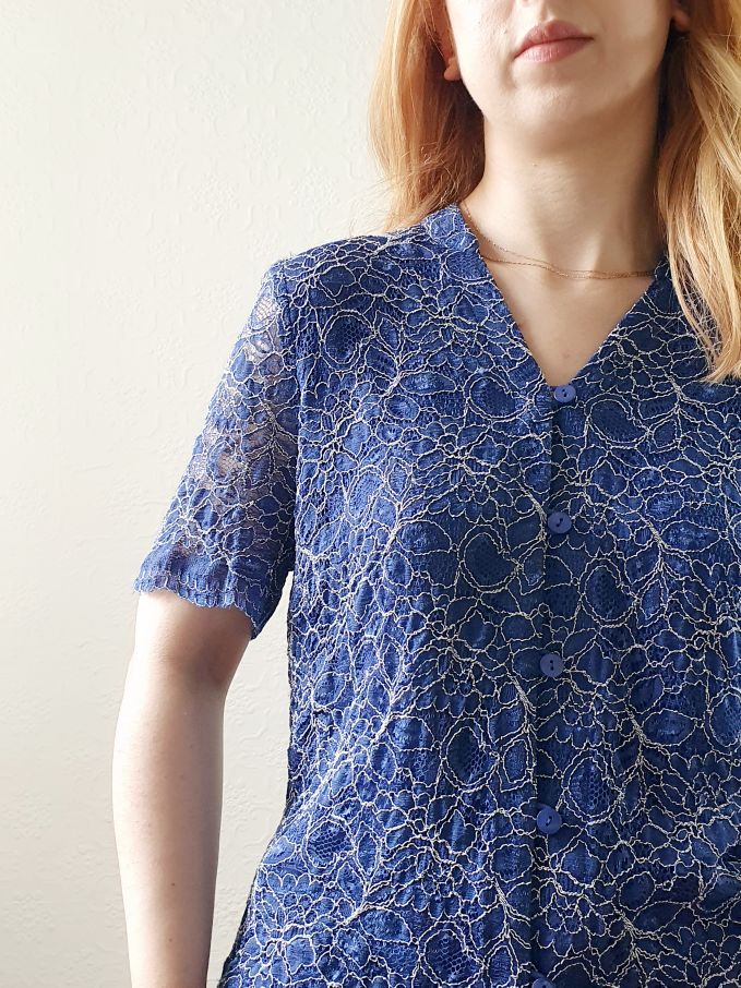 Vintage Lacy Navy Blouse - M - Image 4
