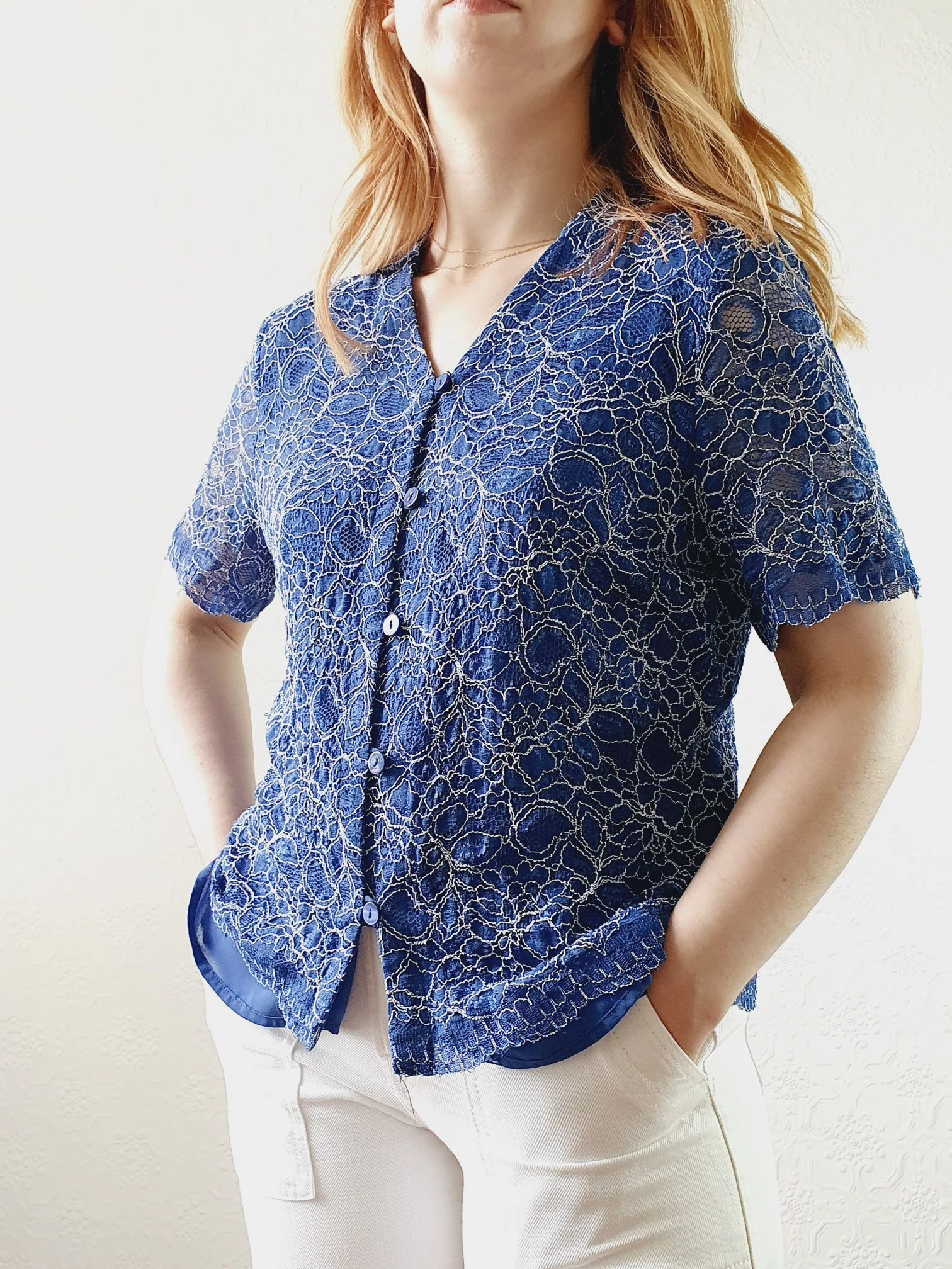 Vintage Lacy Navy Blouse - M - Image 6