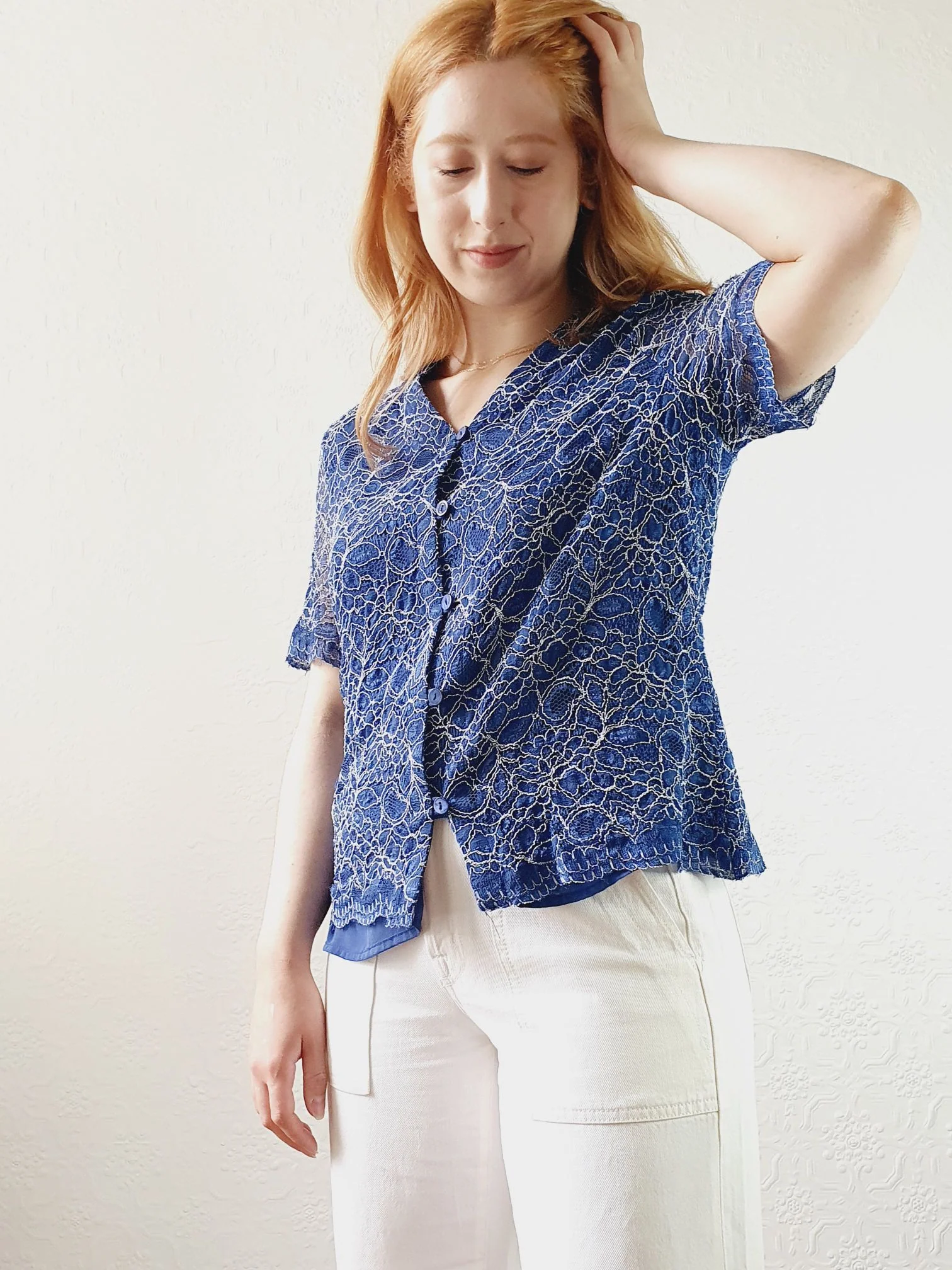 Vintage Lacy Navy Blouse - M - Image 7