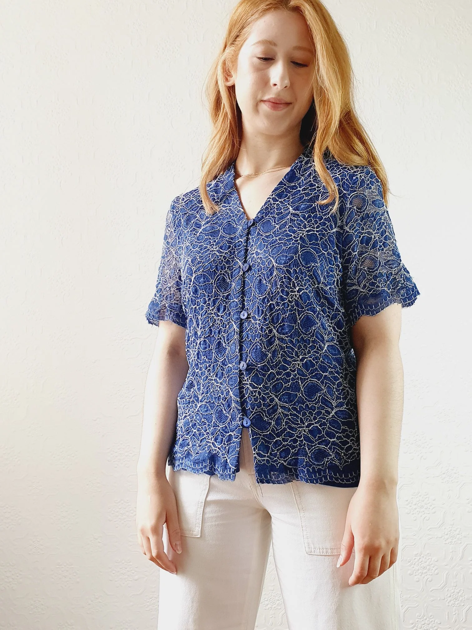 Vintage Lacy Navy Blouse - M - Image 8