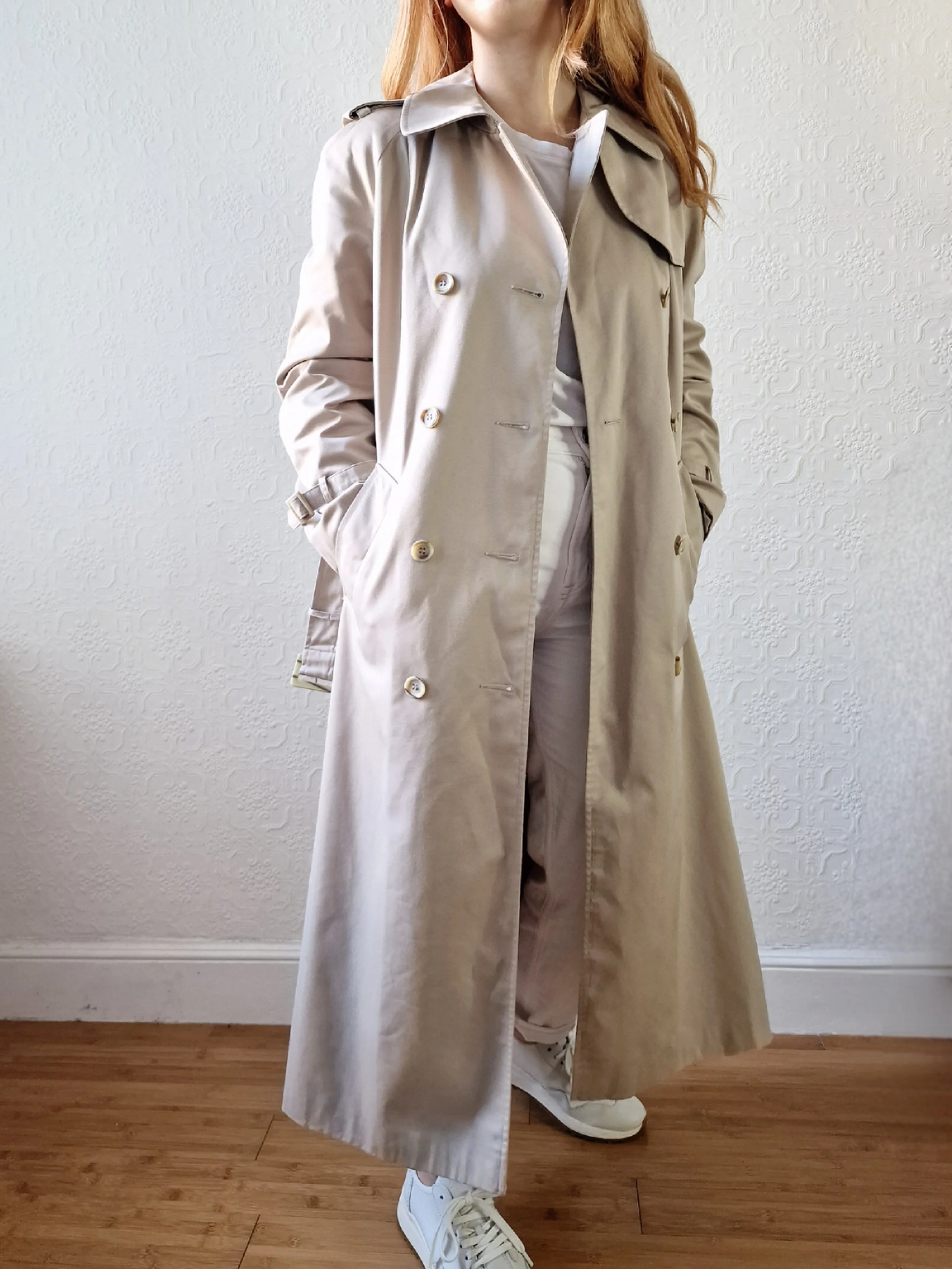 Vintage Light Beige Double Breasted Trench Coat with Belt - S - Image 4