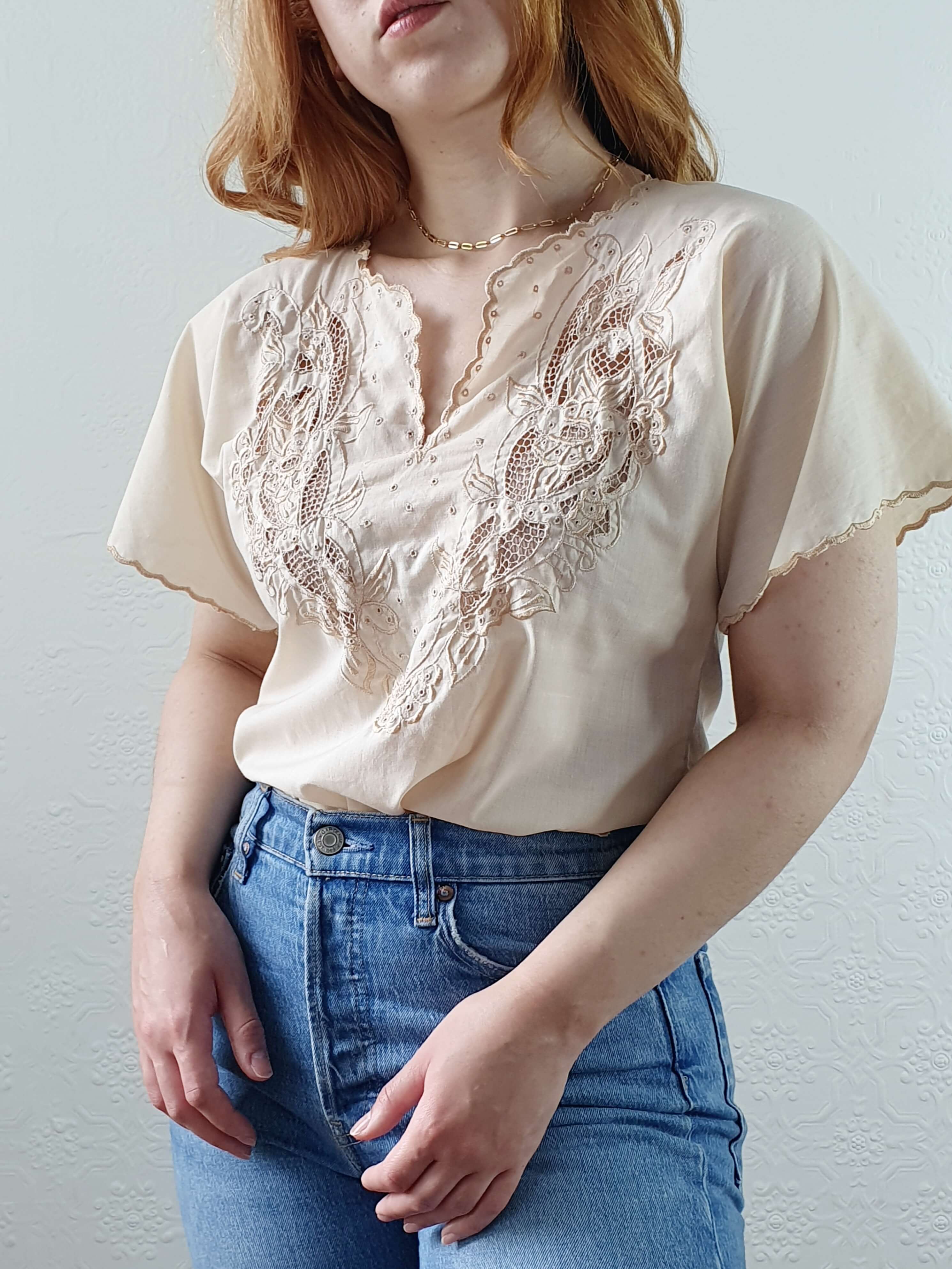 Vintage Light Beige Embroidered Short Sleeve Top - S