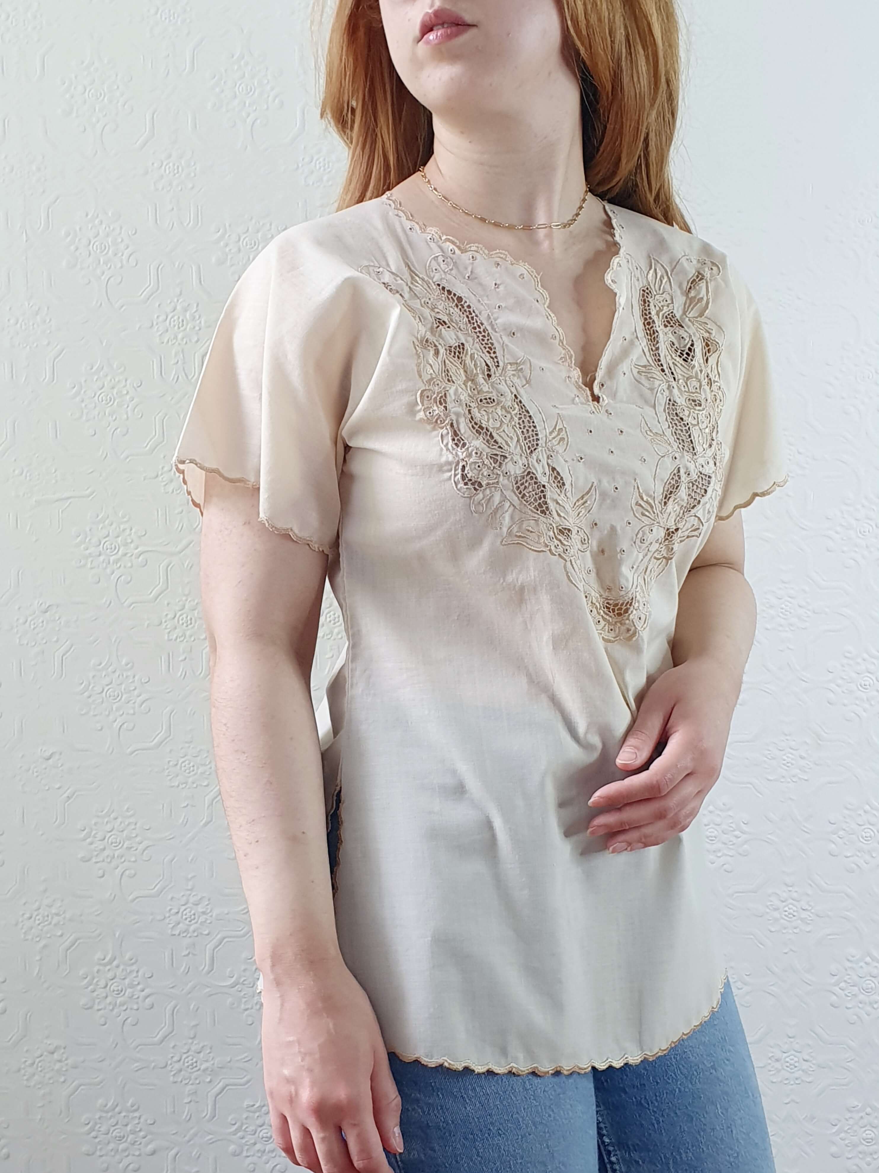 Vintage Light Beige Embroidered Short Sleeve Top - S - Image 2