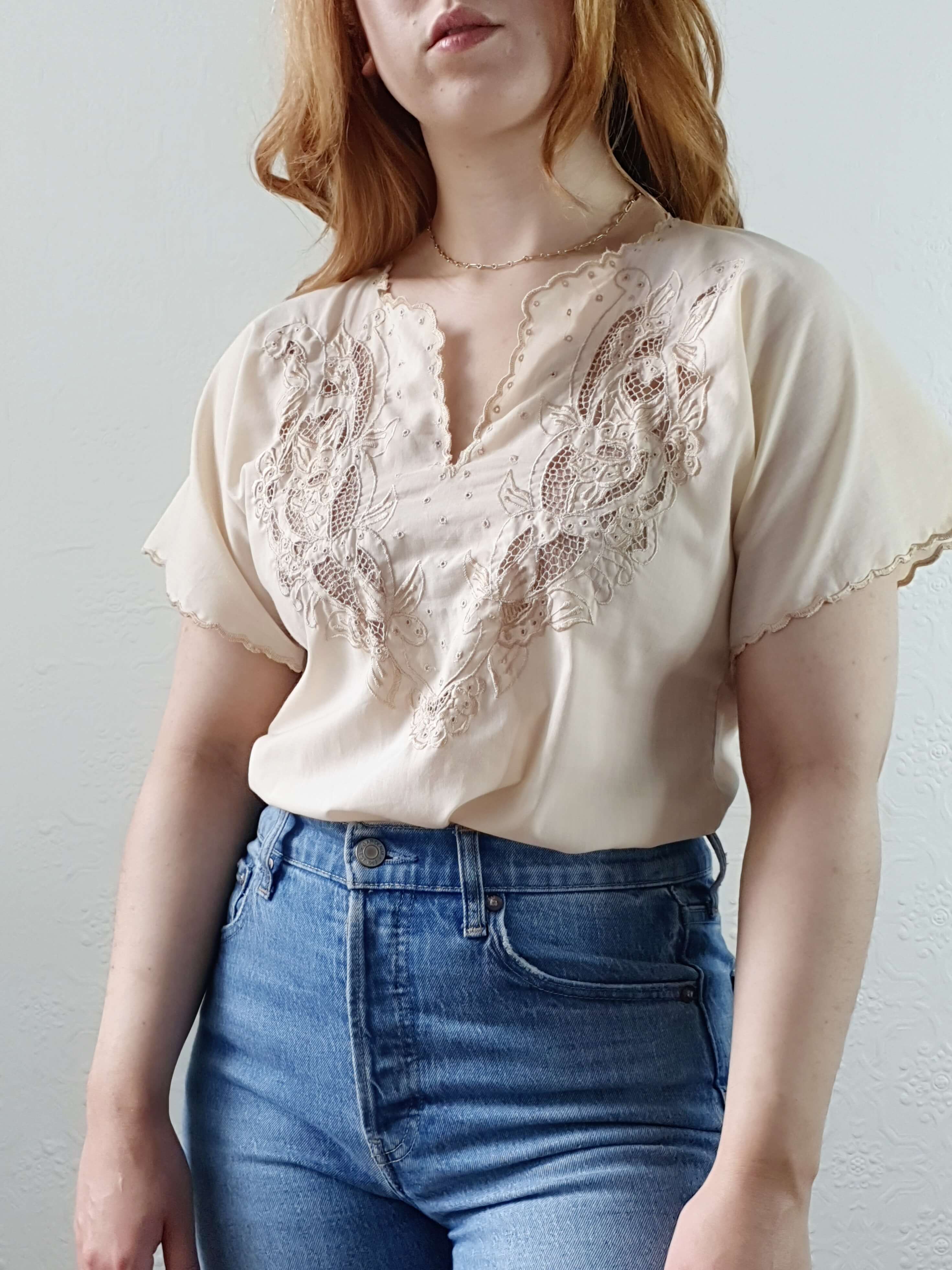 Vintage Light Beige Embroidered Short Sleeve Top - S - Image 3