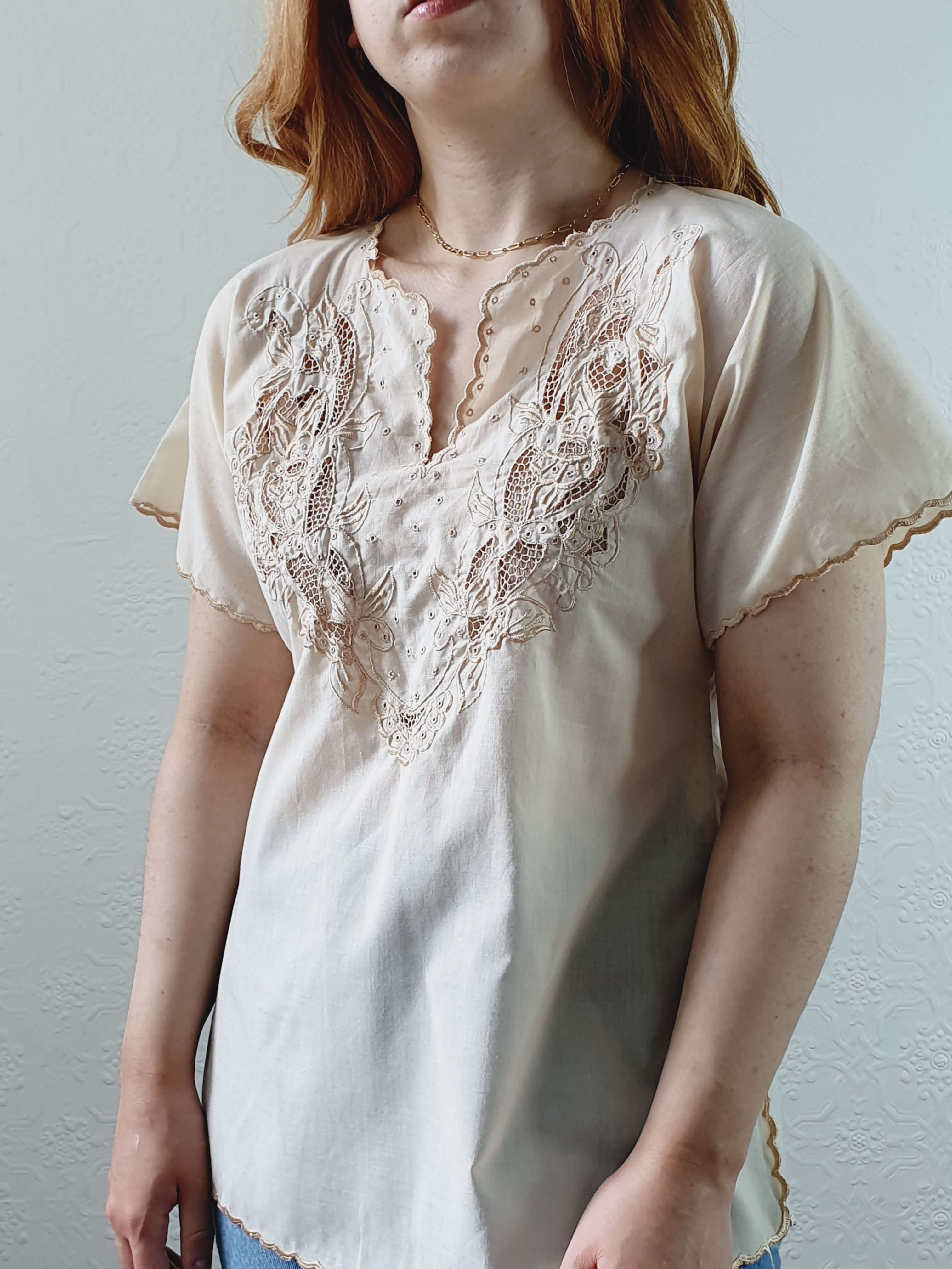 Vintage Light Beige Embroidered Short Sleeve Top - S - Image 4