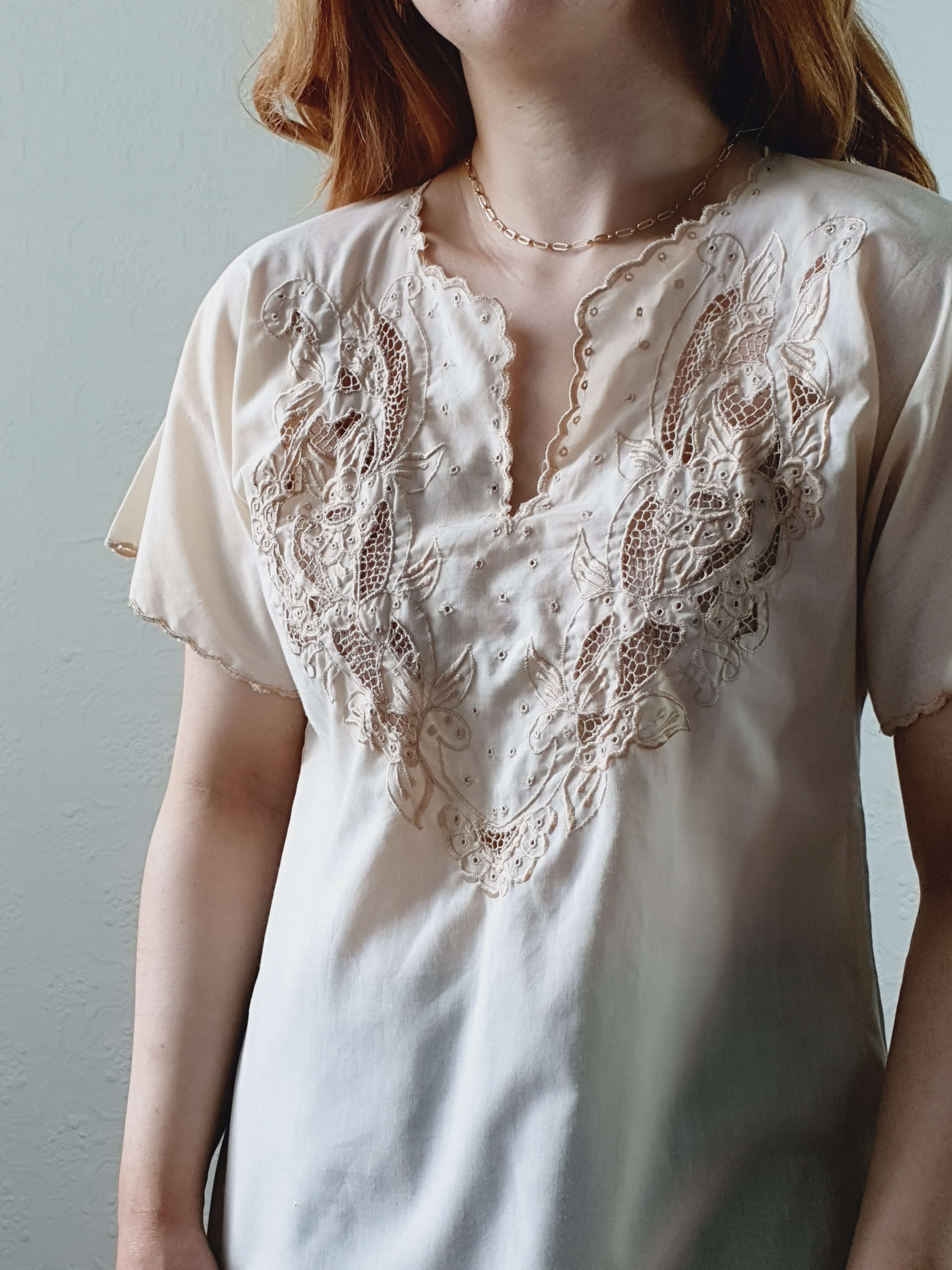 Vintage Light Beige Embroidered Short Sleeve Top - S - Image 5