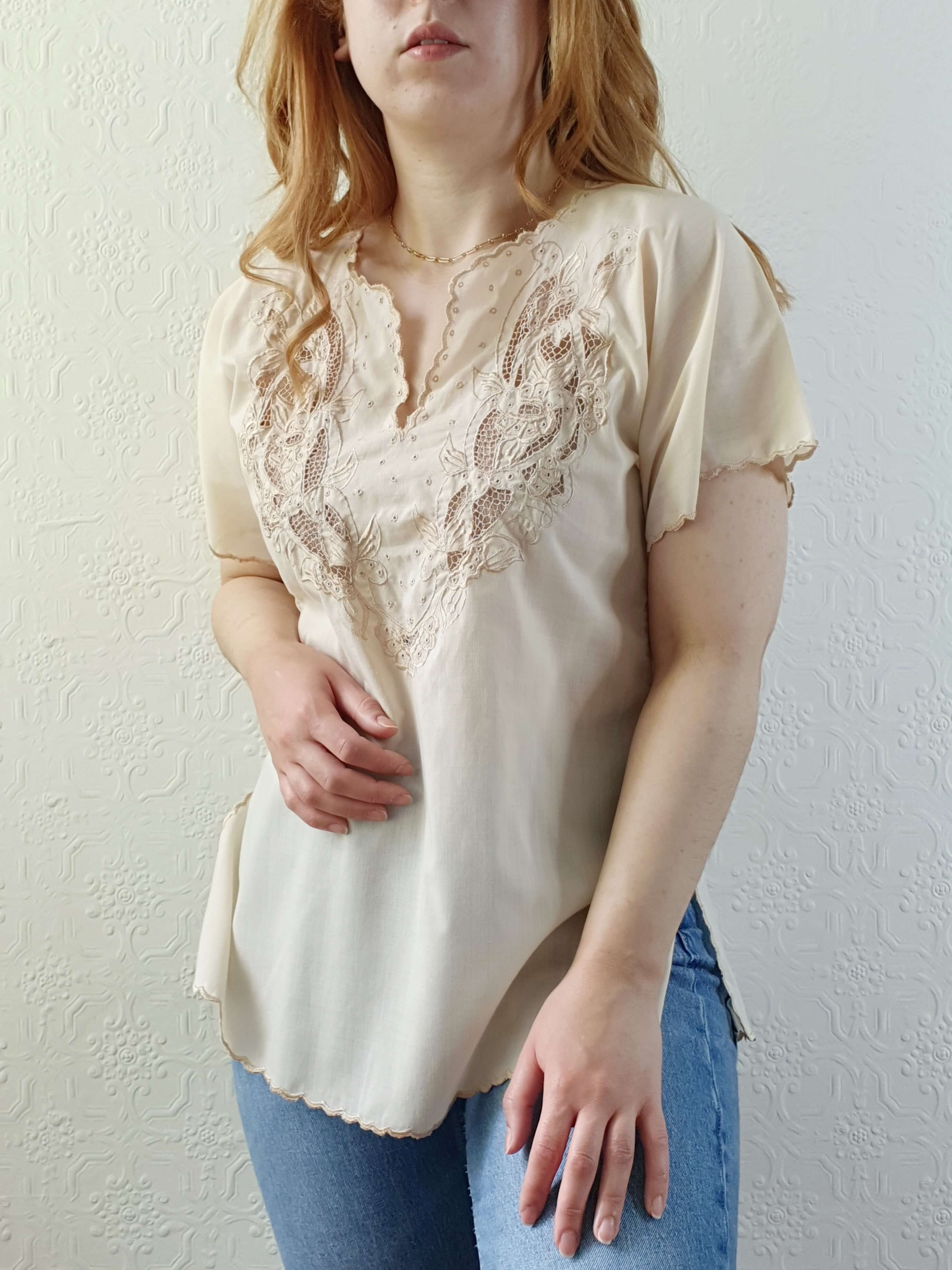 Vintage Light Beige Embroidered Short Sleeve Top - S - Image 6