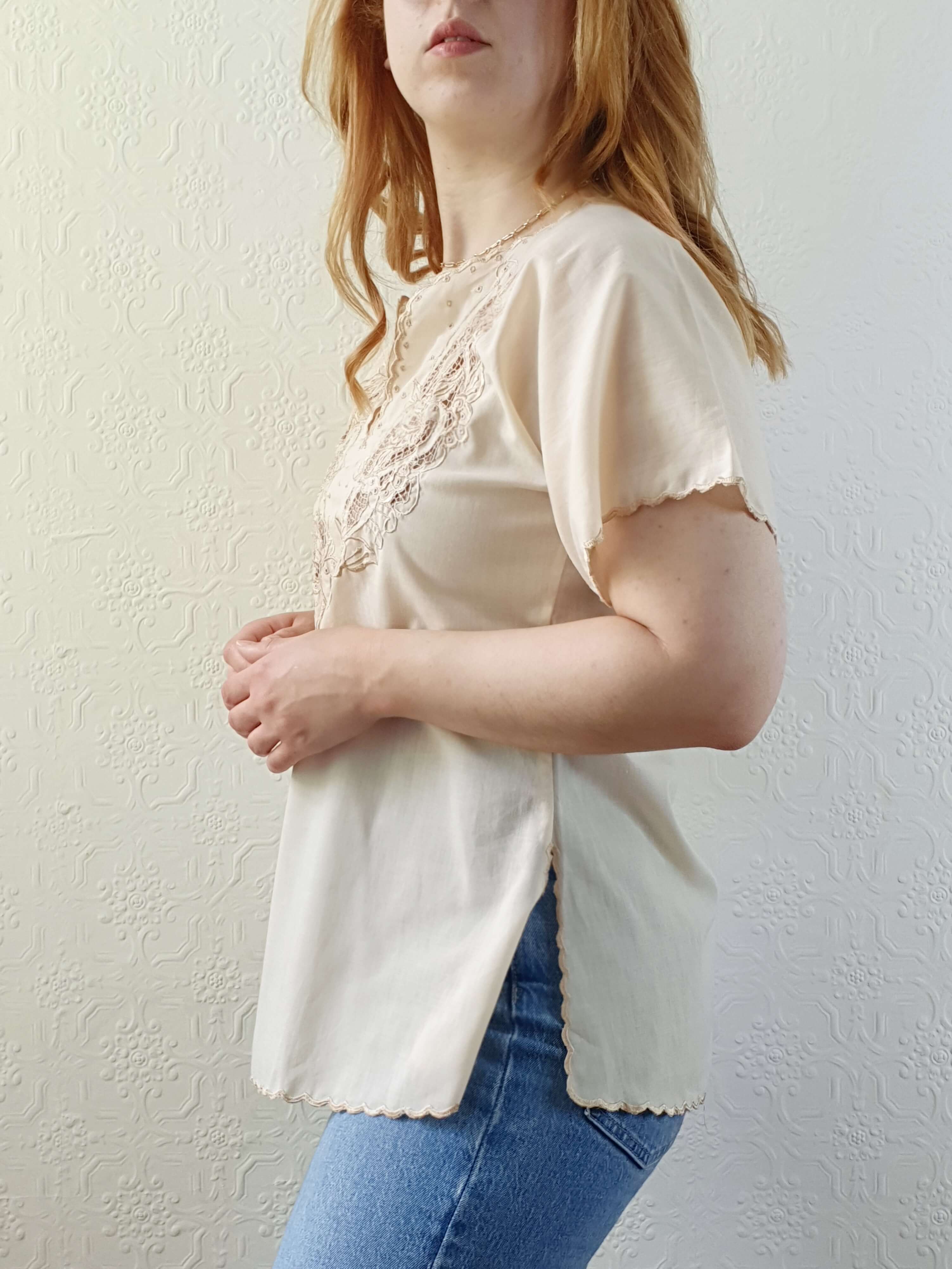 Vintage Light Beige Embroidered Short Sleeve Top - S - Image 7