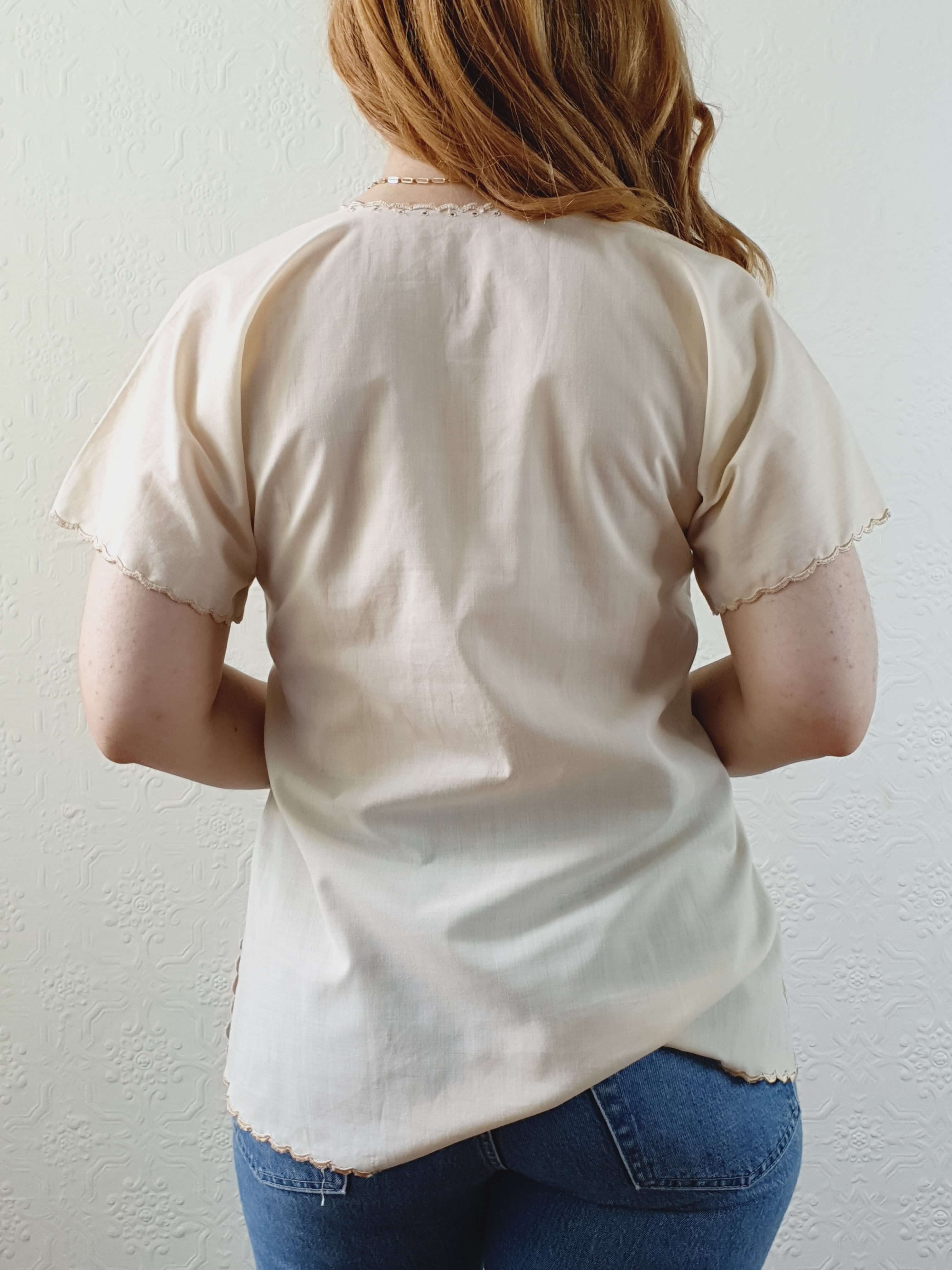 Vintage Light Beige Embroidered Short Sleeve Top - S - Image 8