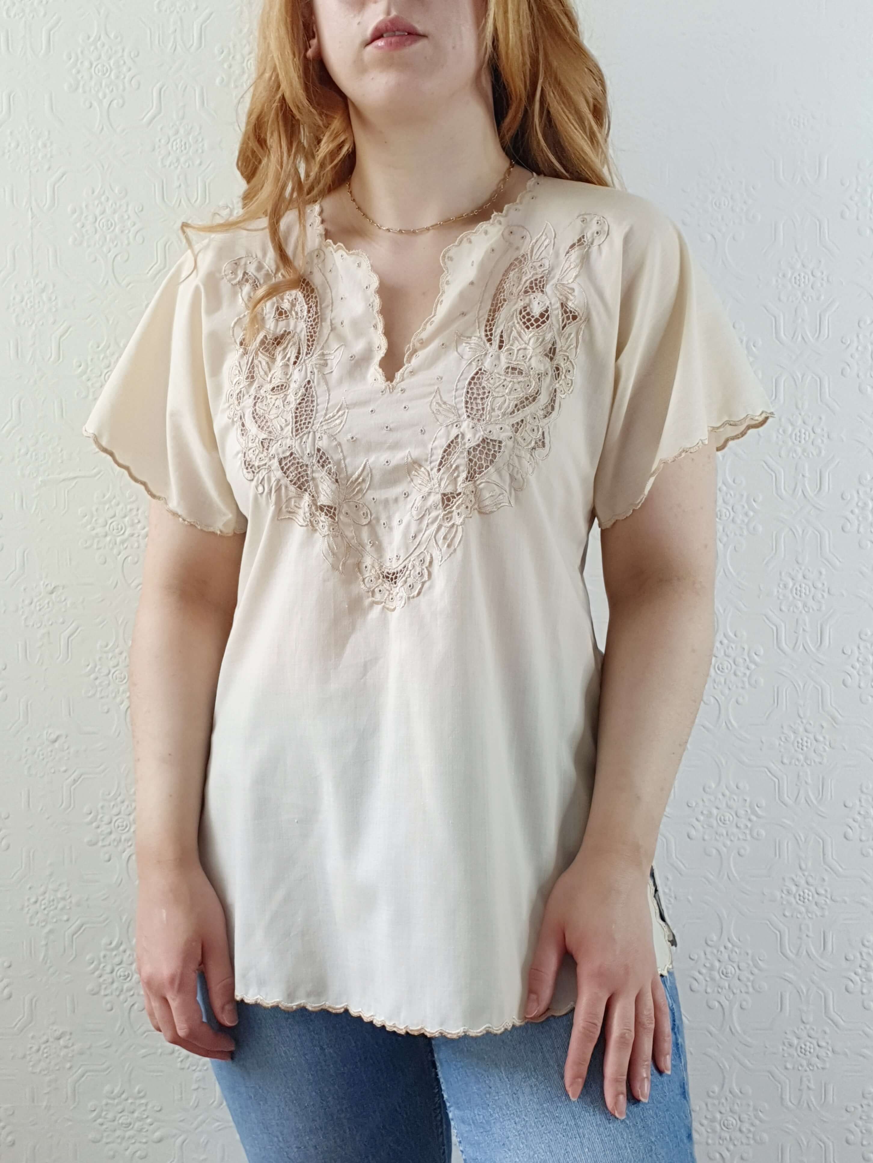 Vintage Light Beige Embroidered Short Sleeve Top - S - Image 9