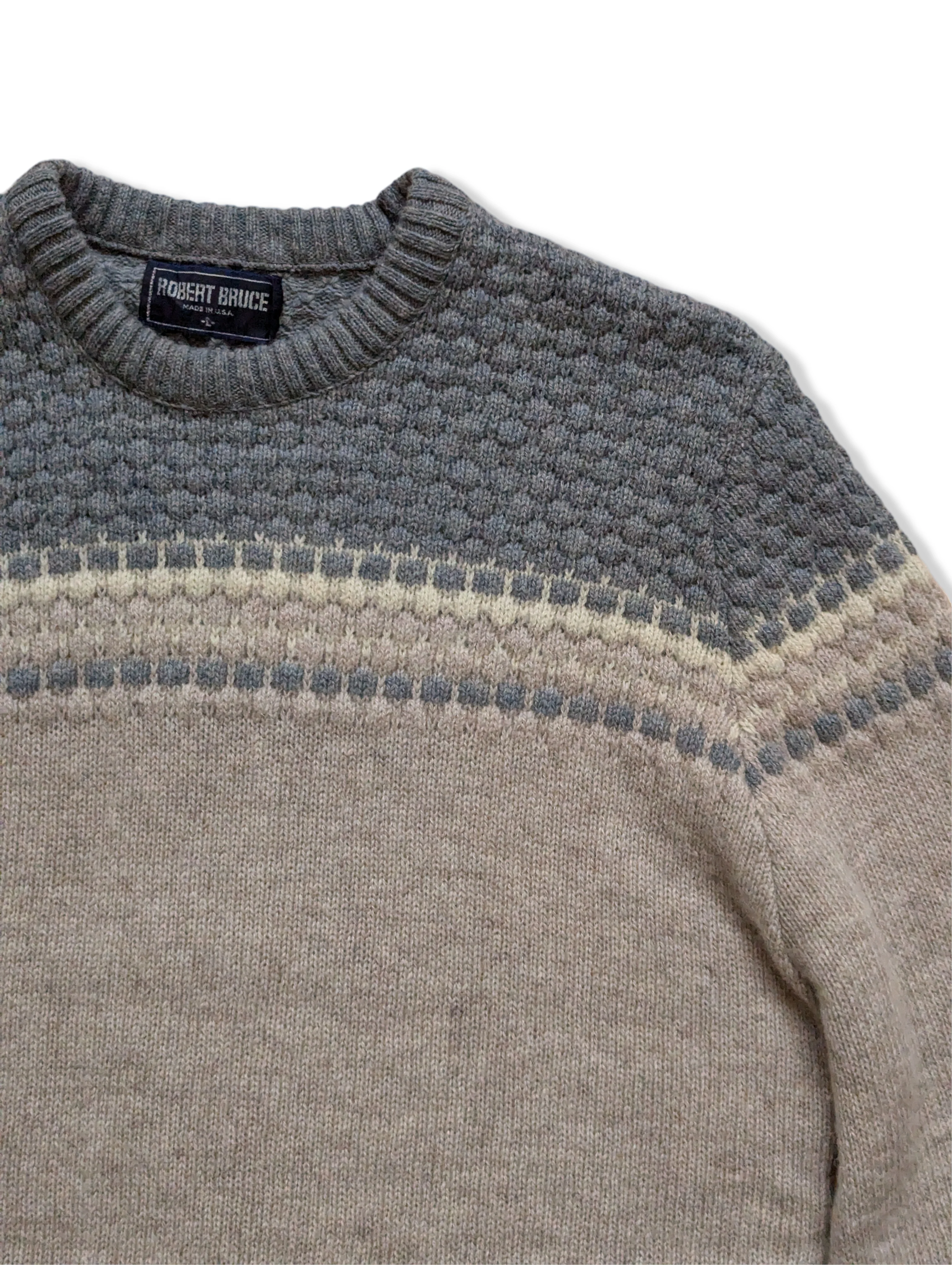 Vintage Light Blue and Beige Pure Wool Knitted Jumper - M - Image 2