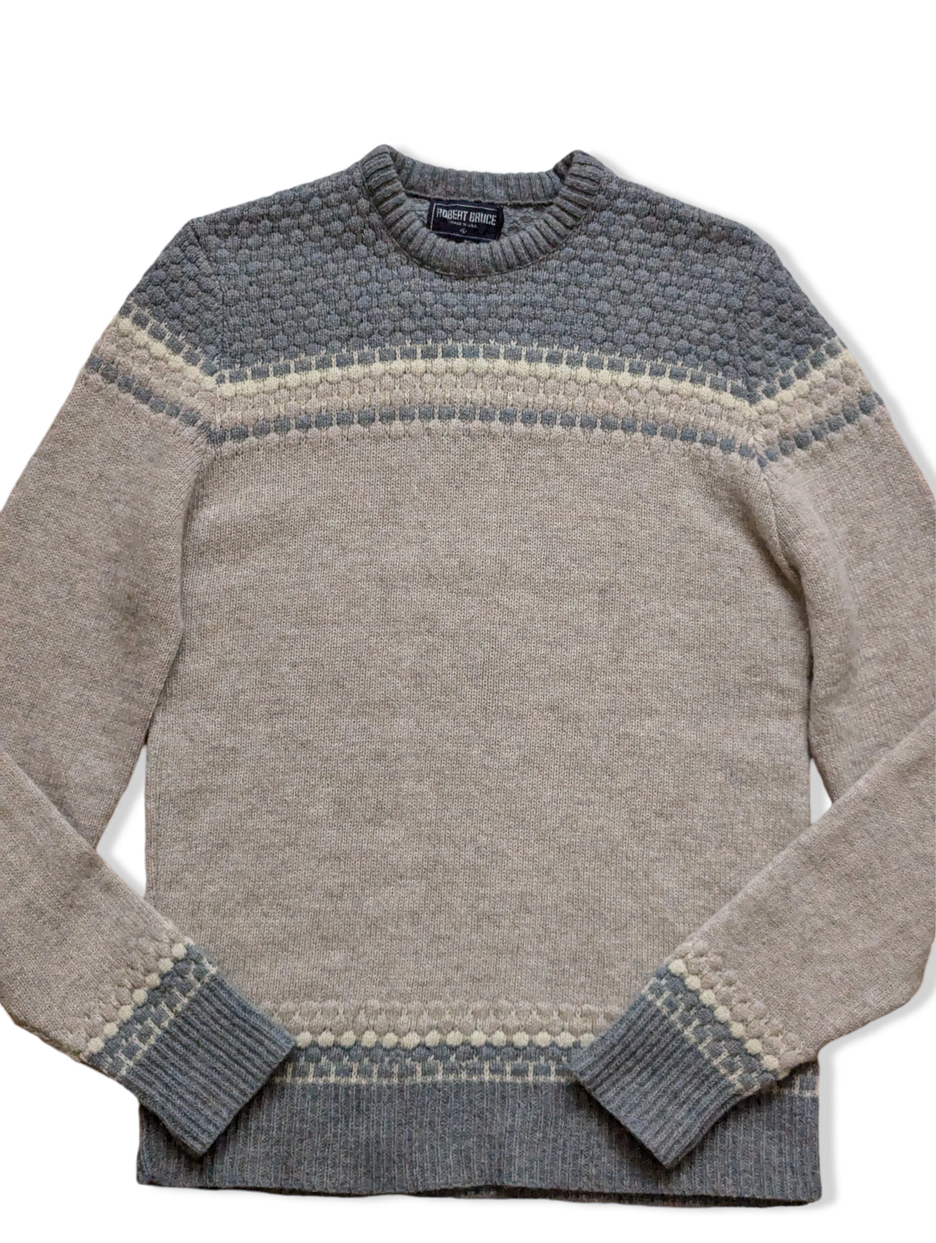 Vintage Light Blue and Beige Pure Wool Knitted Jumper - M - Image 3