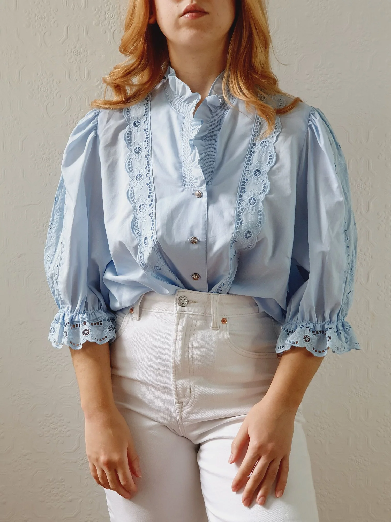 Vintage Light Blue Austrian Dirndl Blouse with Puff Sleeves - L