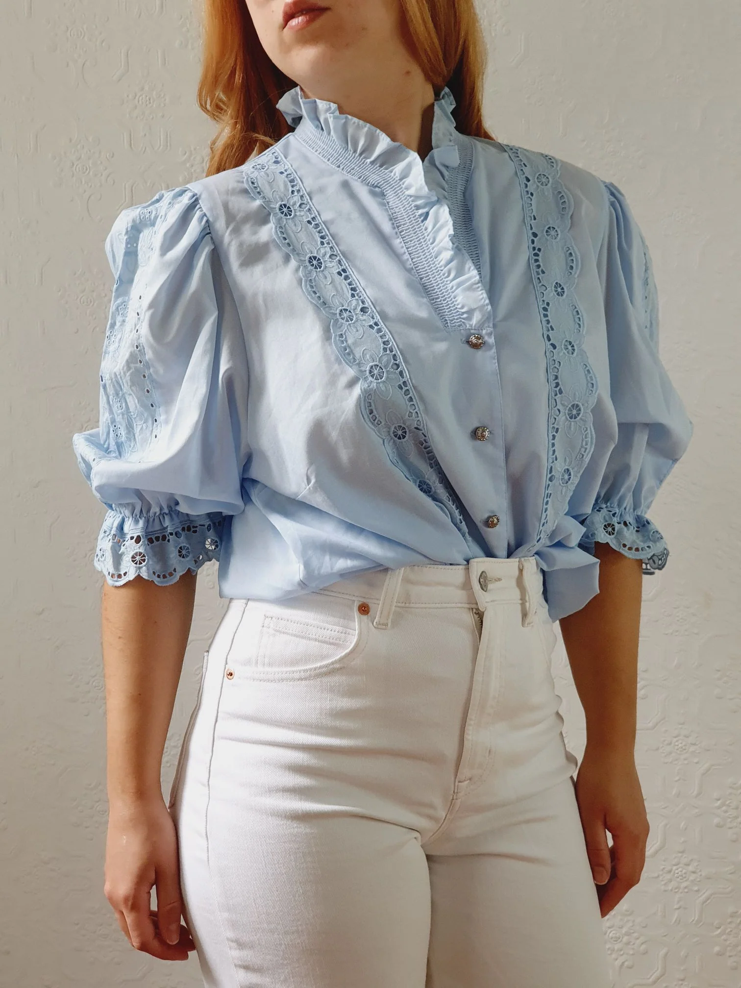 Vintage Light Blue Austrian Dirndl Blouse with Puff Sleeves - L - Image 2