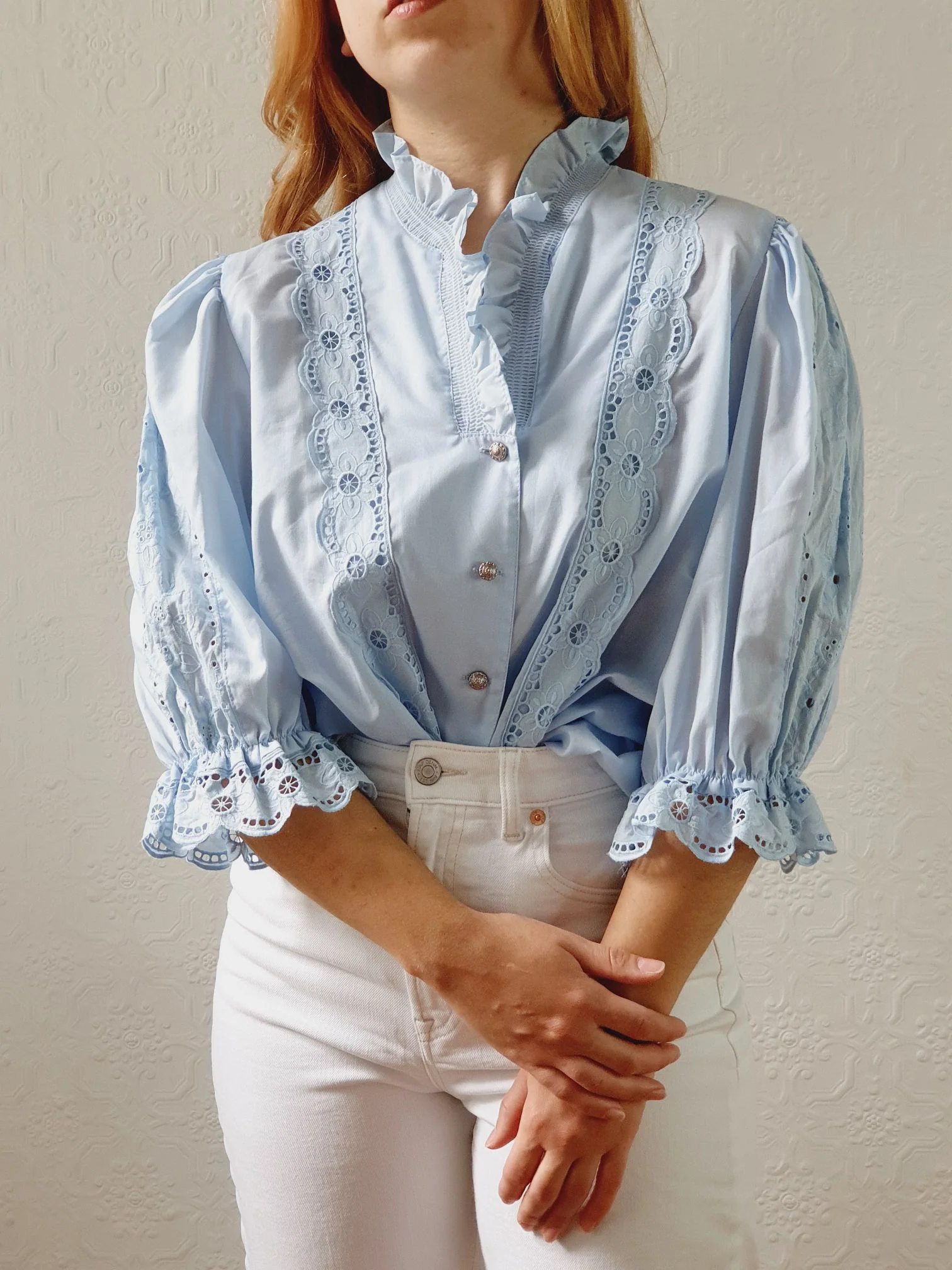 Vintage Light Blue Austrian Dirndl Blouse with Puff Sleeves - L - Image 3