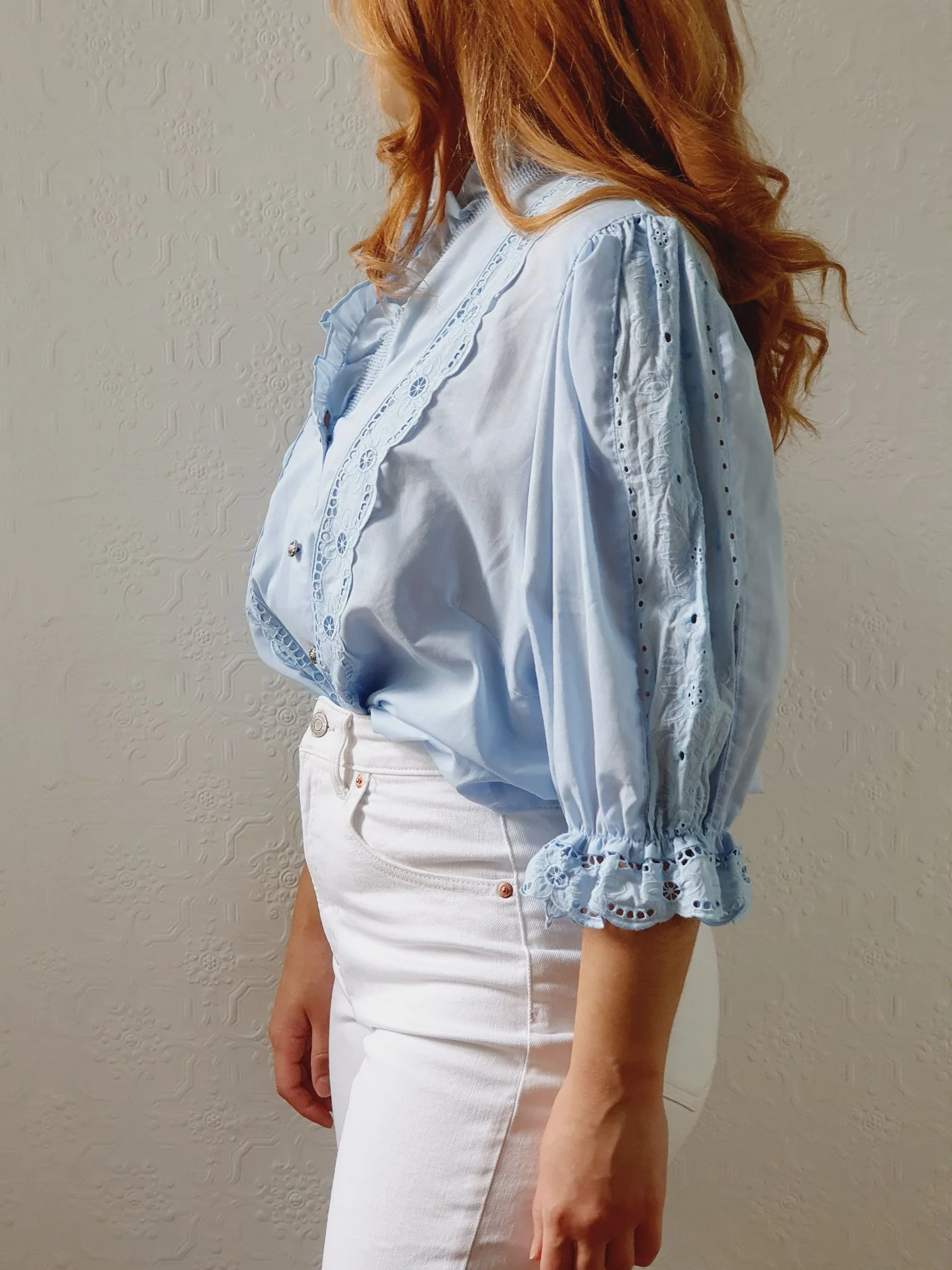 Vintage Light Blue Austrian Dirndl Blouse with Puff Sleeves - L - Image 4