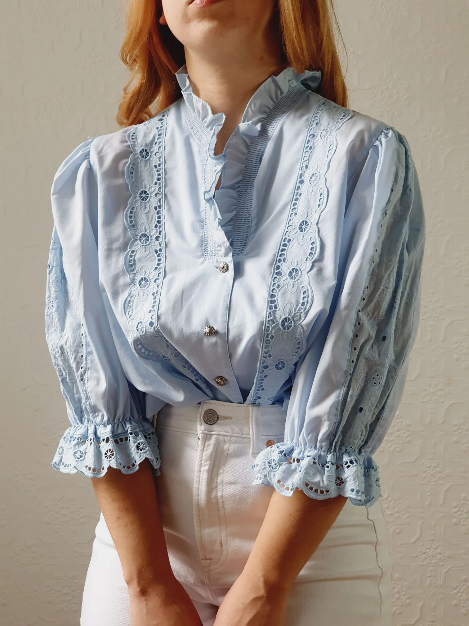 Vintage Light Blue Austrian Dirndl Blouse with Puff Sleeves - L - Image 6