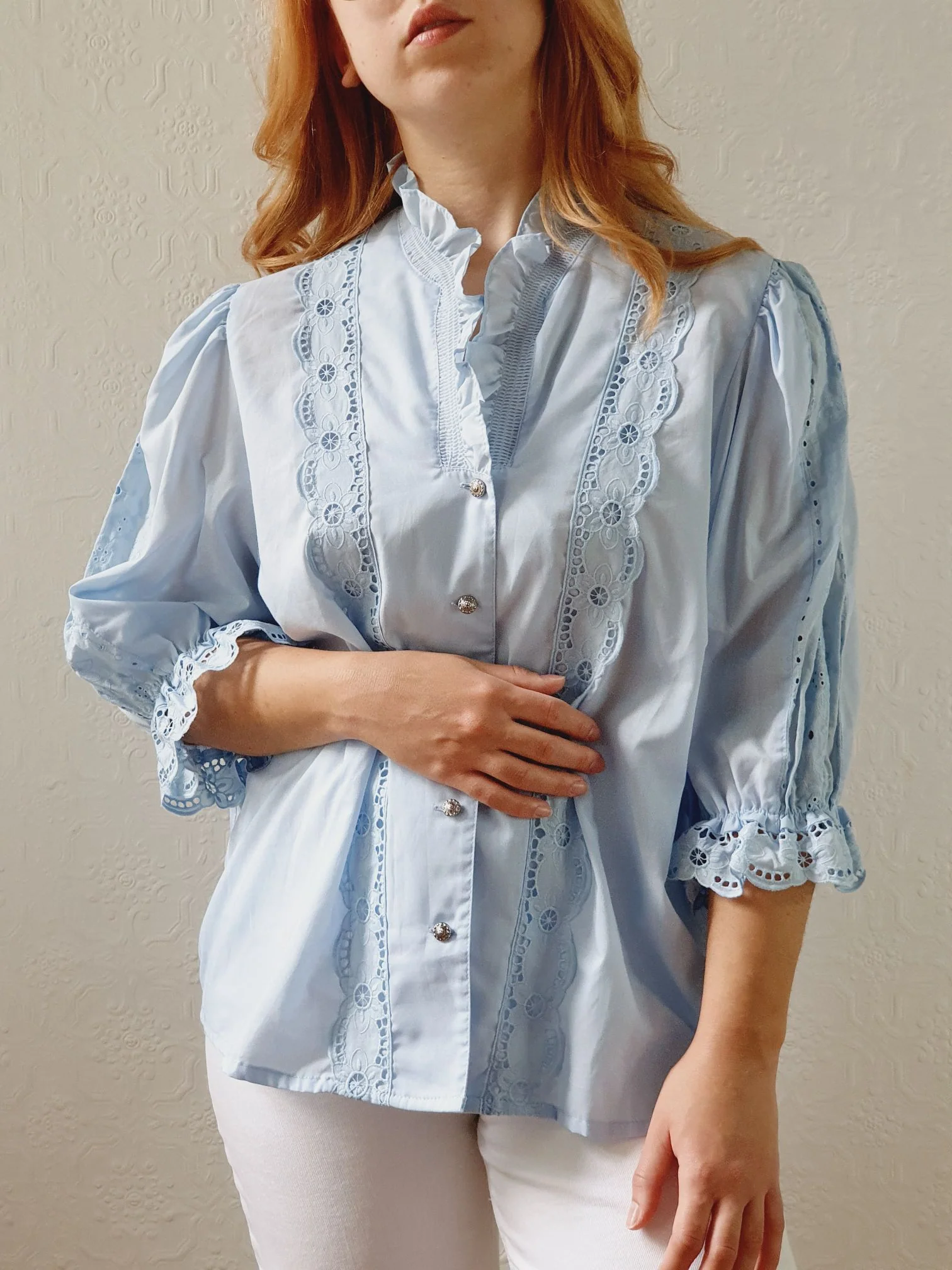 Vintage Light Blue Austrian Dirndl Blouse with Puff Sleeves - L - Image 7