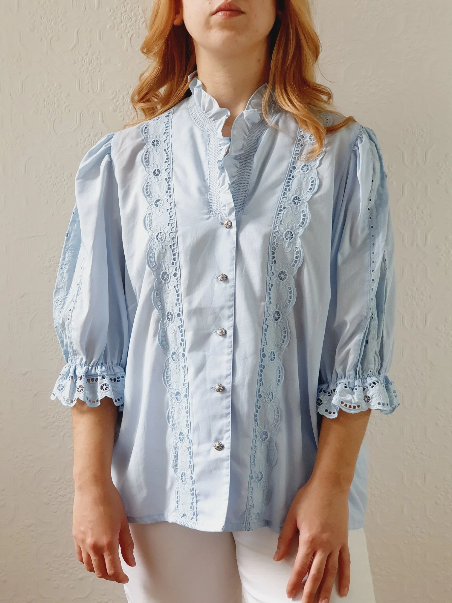 Vintage Light Blue Austrian Dirndl Blouse with Puff Sleeves - L - Image 8