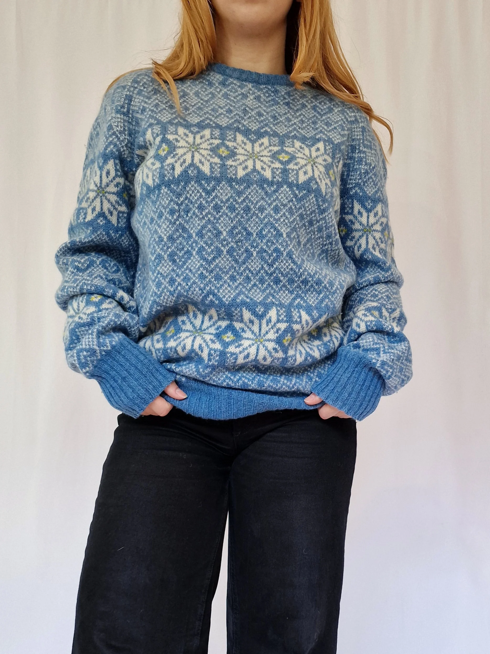 Vintage Light Blue Norwegian Style Jumper with Crew Neck - M/L - Image 4