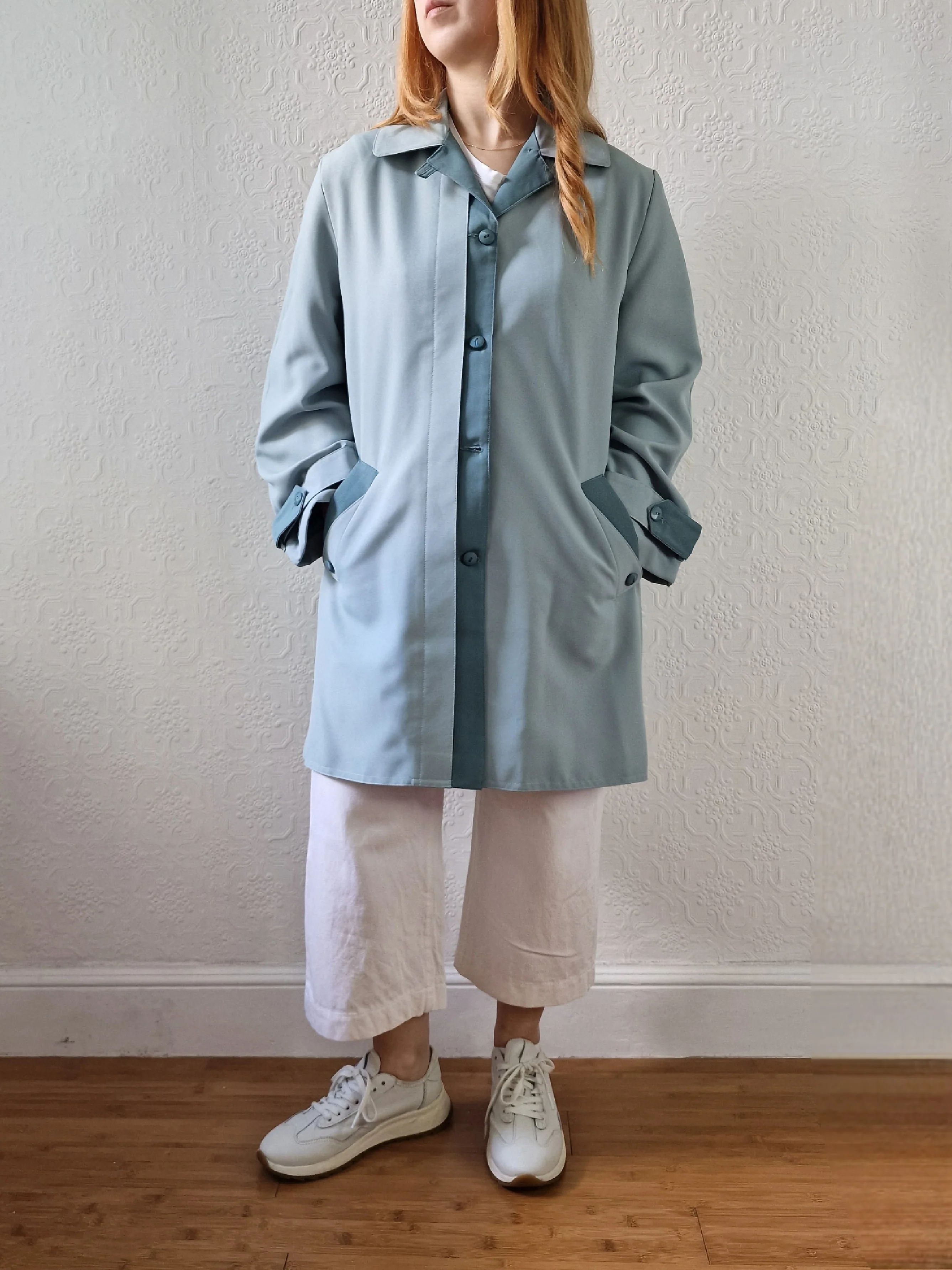 Vintage Light Blue Single Breasted Mid Length Trench Coat - M - Image 2