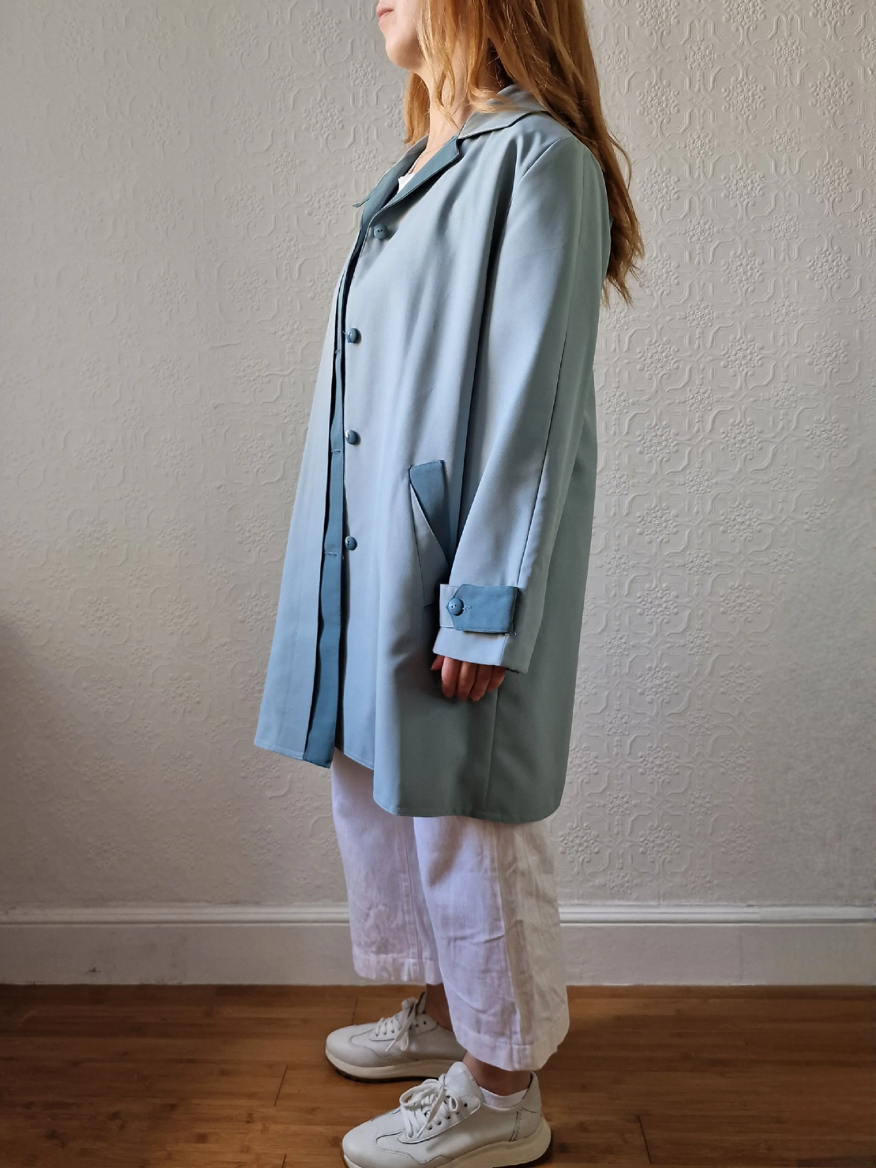 Vintage Light Blue Single Breasted Mid Length Trench Coat - M - Image 3