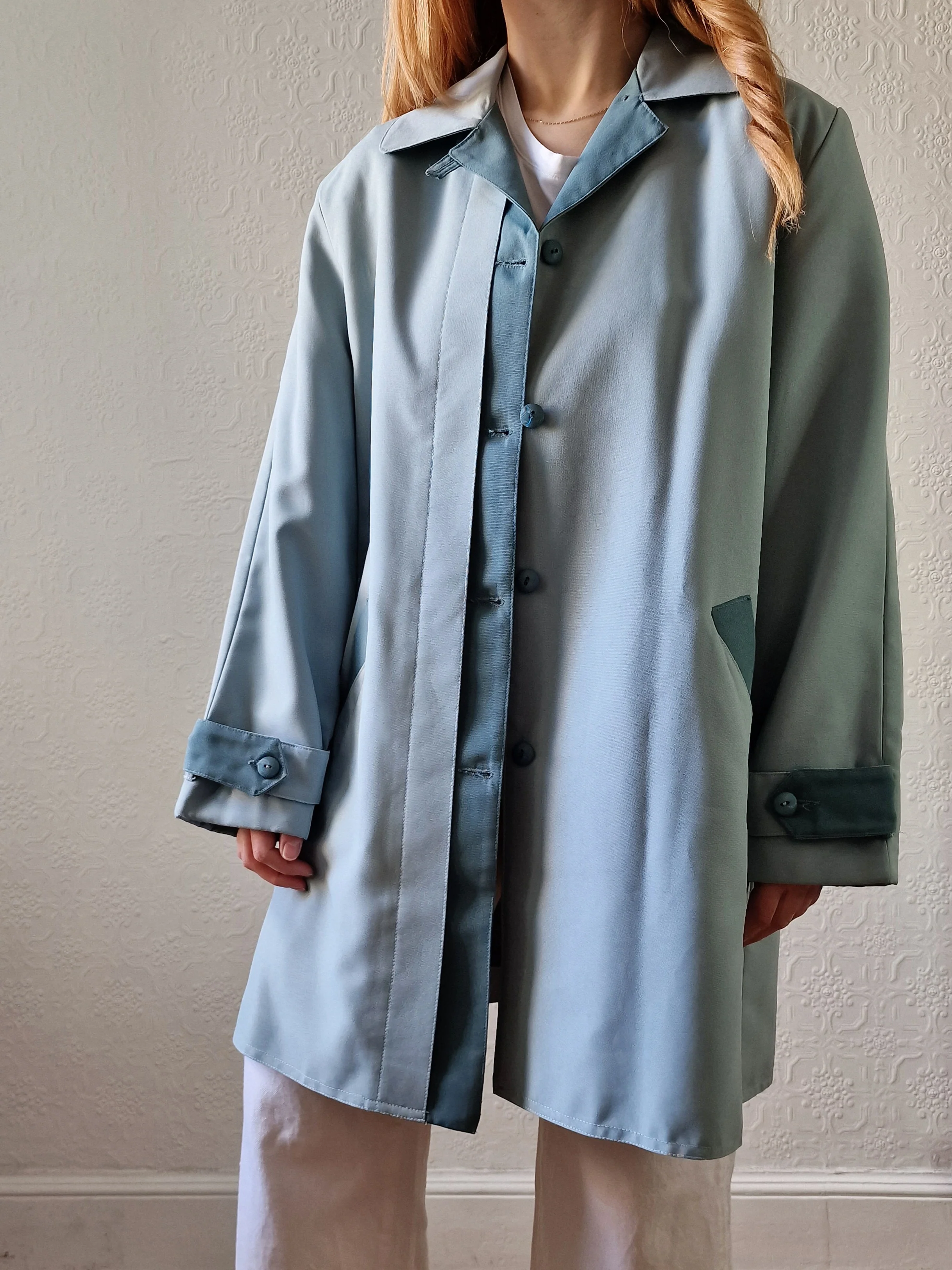 Vintage Light Blue Single Breasted Mid Length Trench Coat - M - Image 5