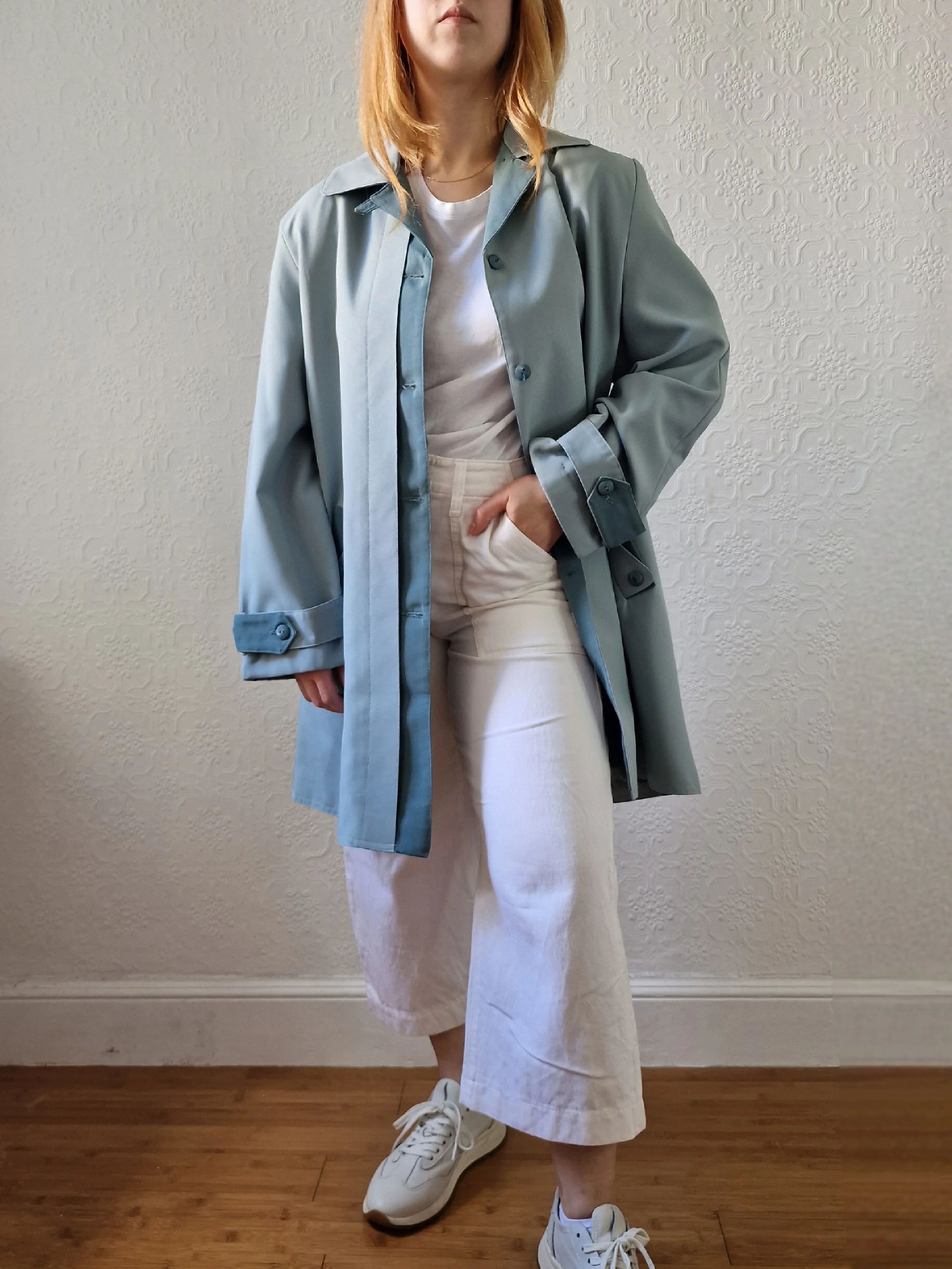 Vintage Light Blue Single Breasted Mid Length Trench Coat - M - Image 6