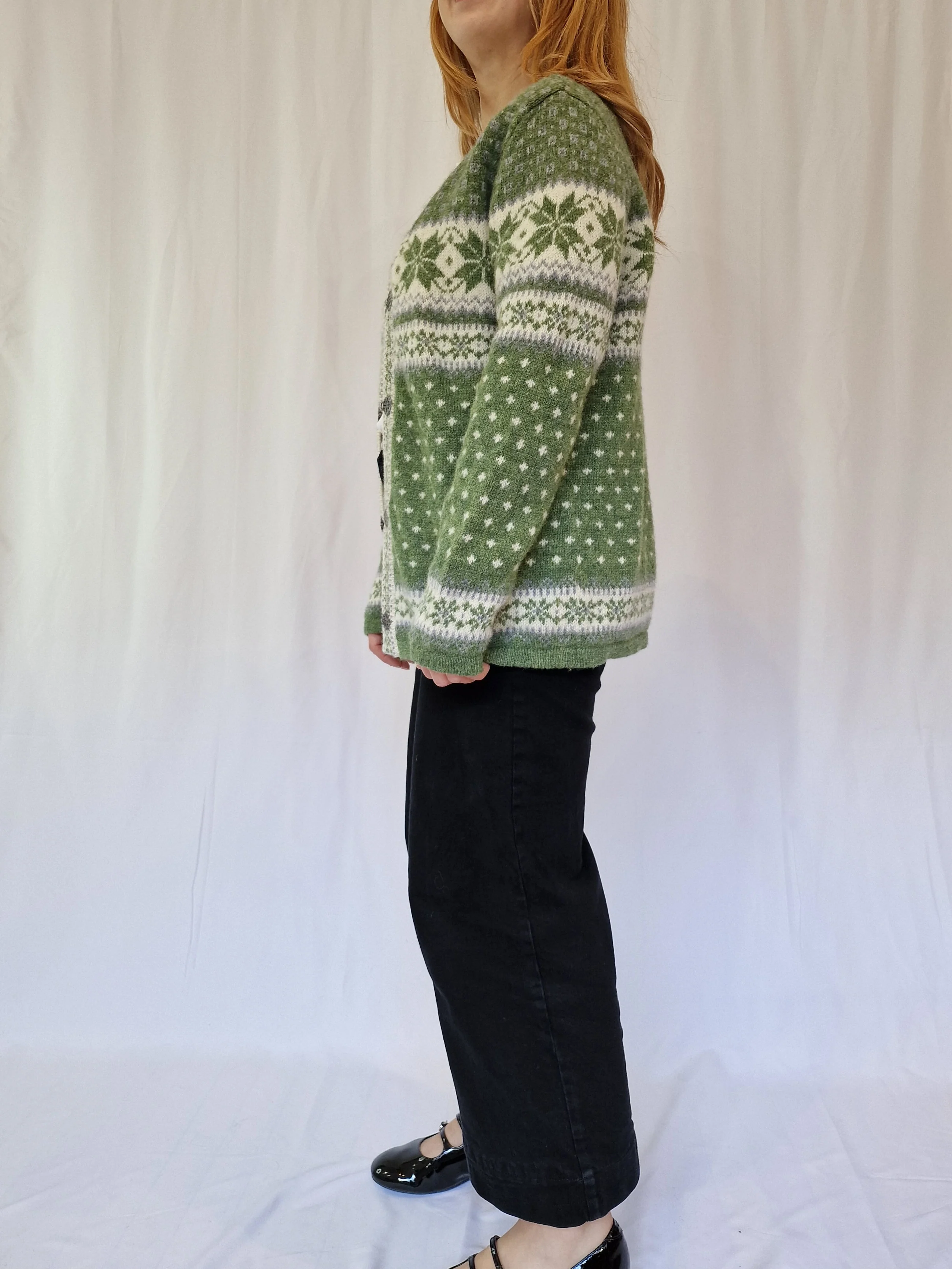 Vintage 90s Light Green Icelandic Style Wool Cardigan - S/M - Image 3