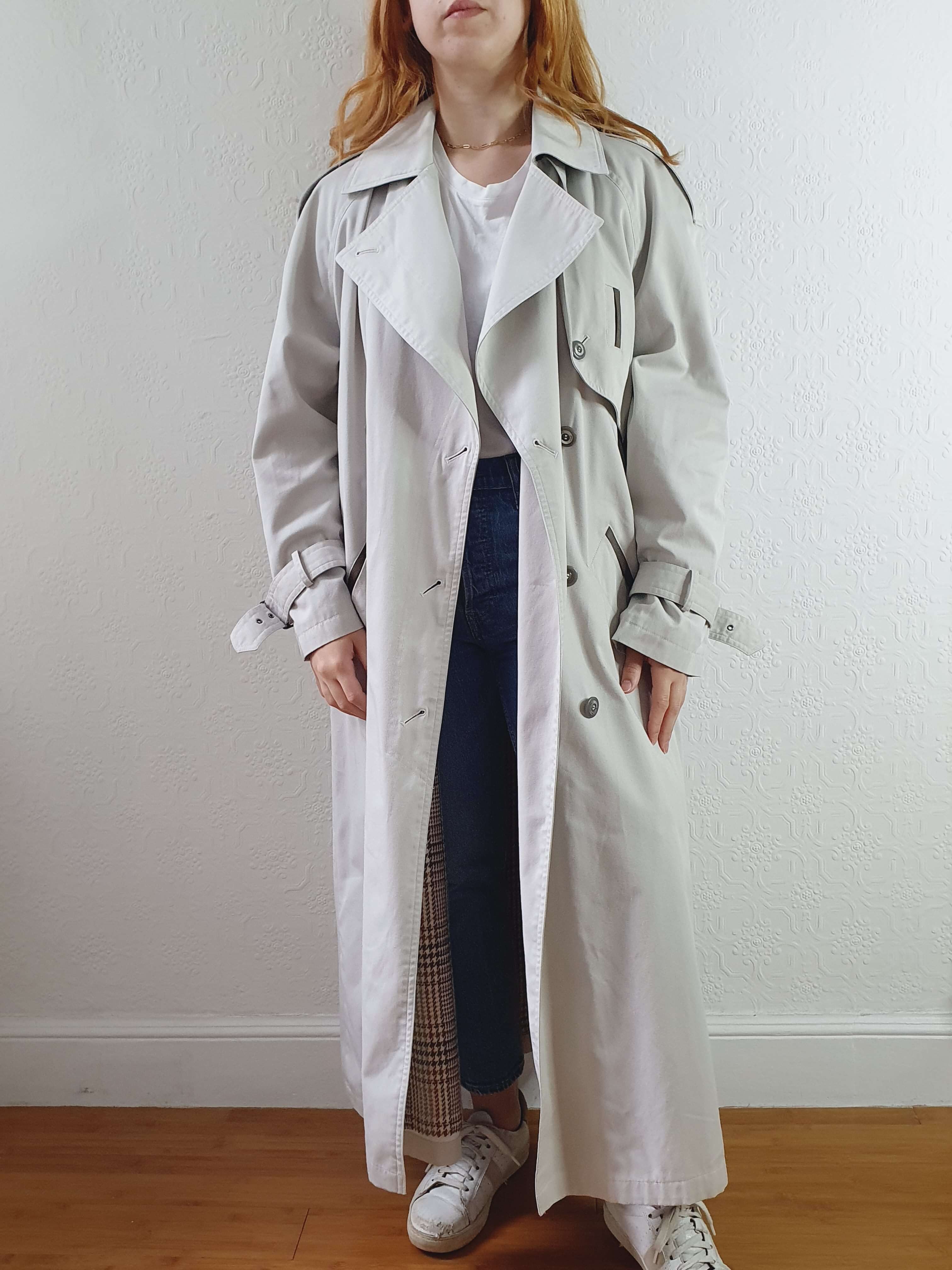 Vintage Light Grey Double Breasted Long Trench Coat - M