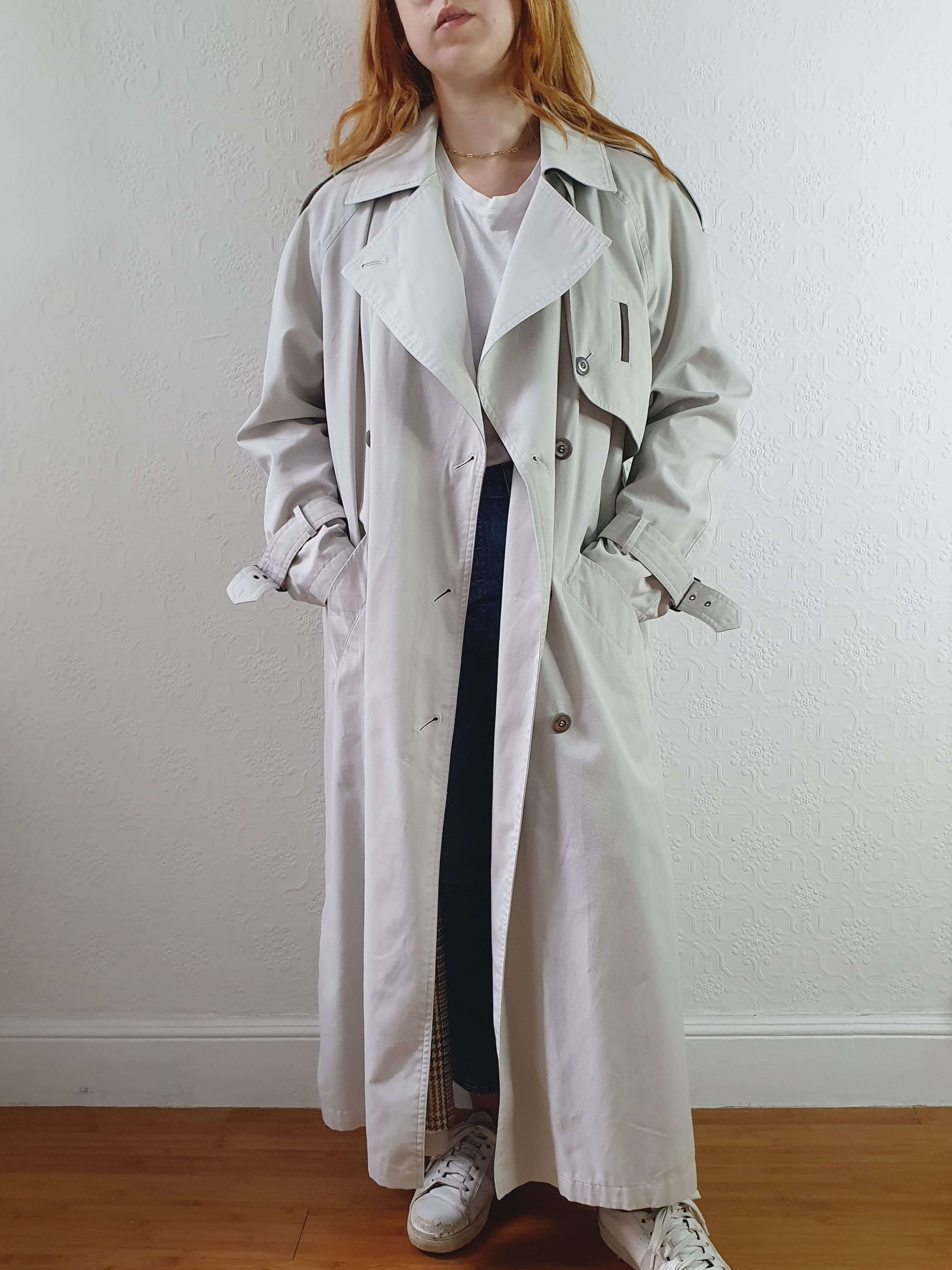 Vintage Light Grey Double Breasted Long Trench Coat - M - Image 2