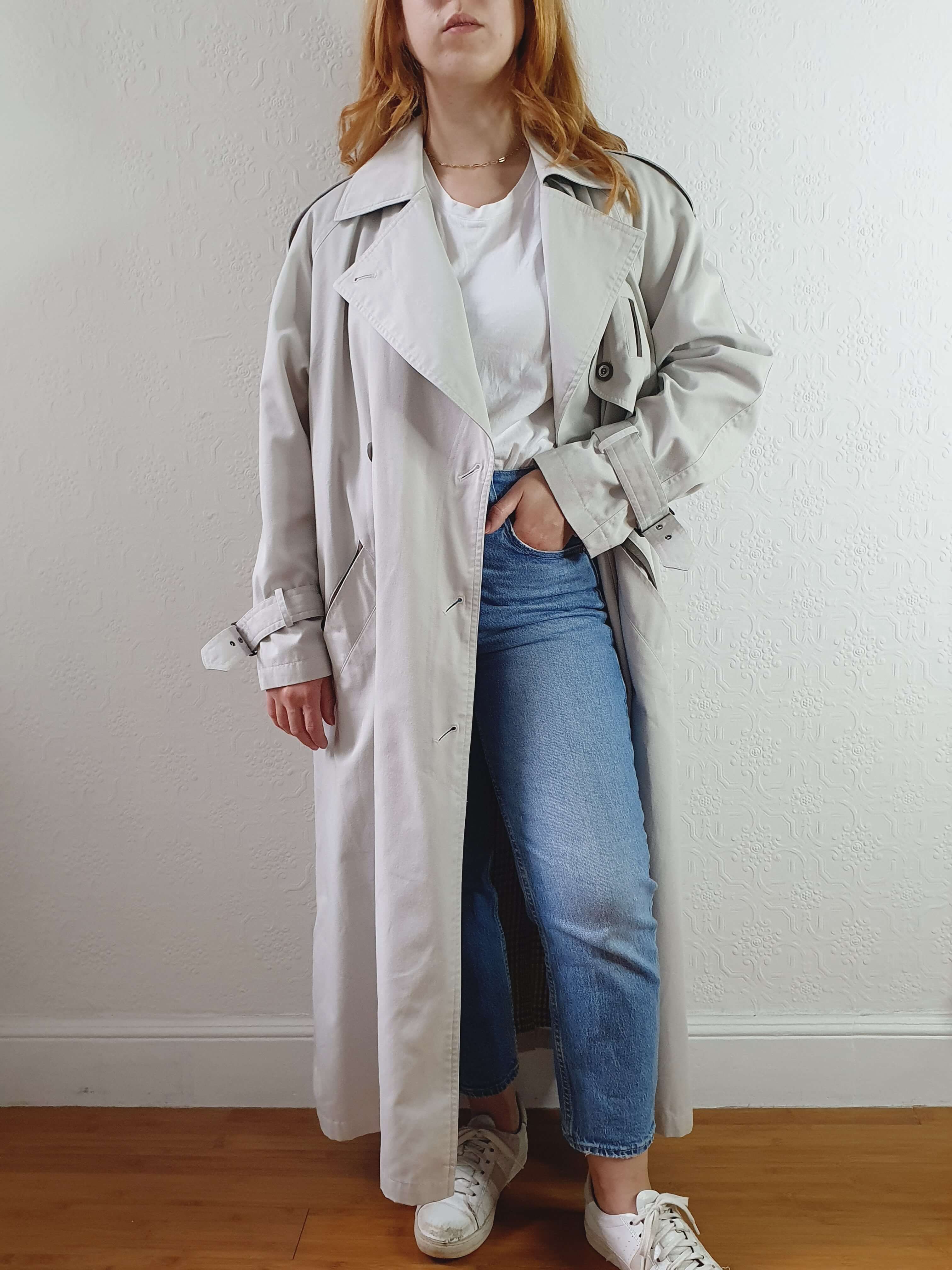 Vintage Light Grey Double Breasted Long Trench Coat - M - Image 3