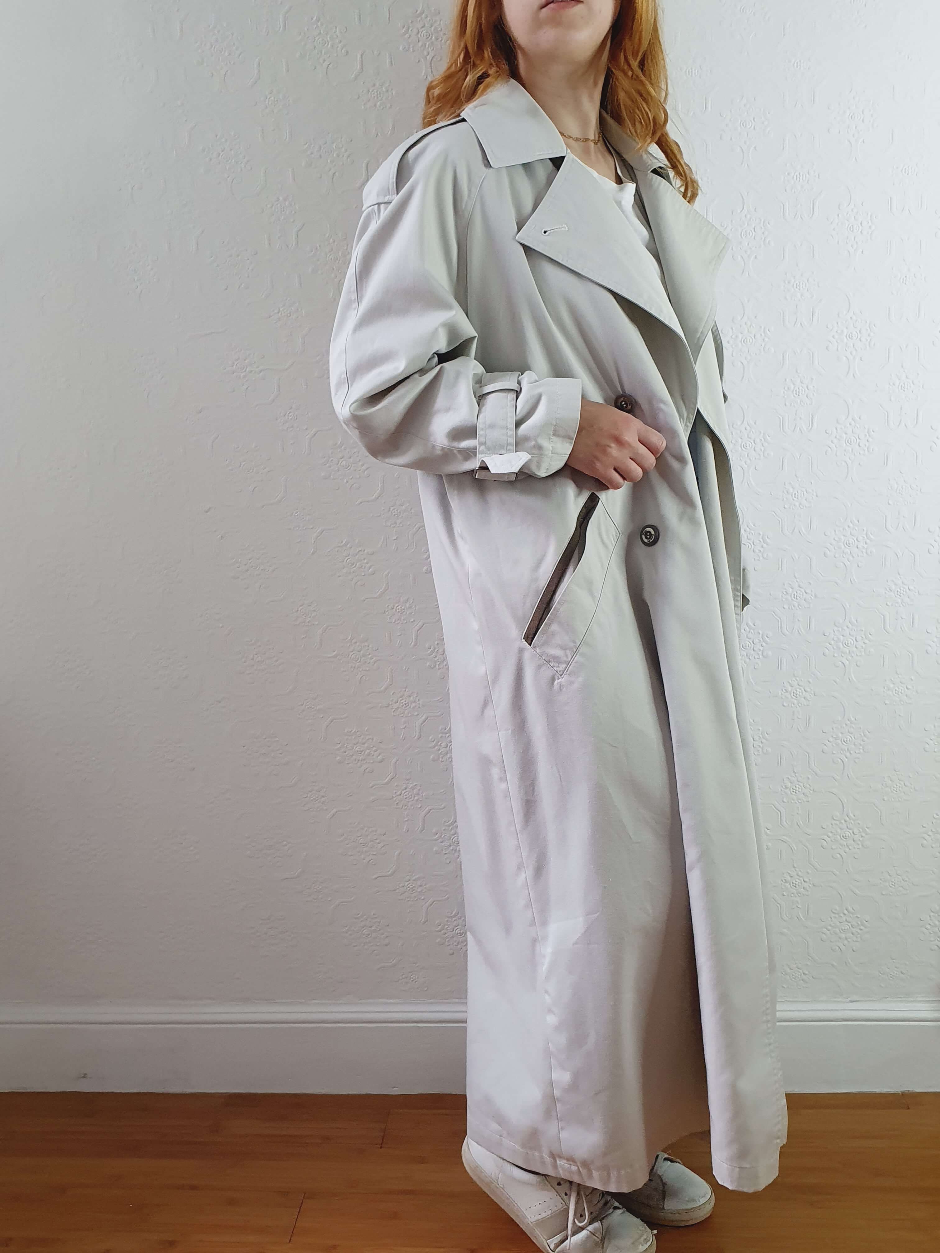 Vintage Light Grey Double Breasted Long Trench Coat - M - Image 4
