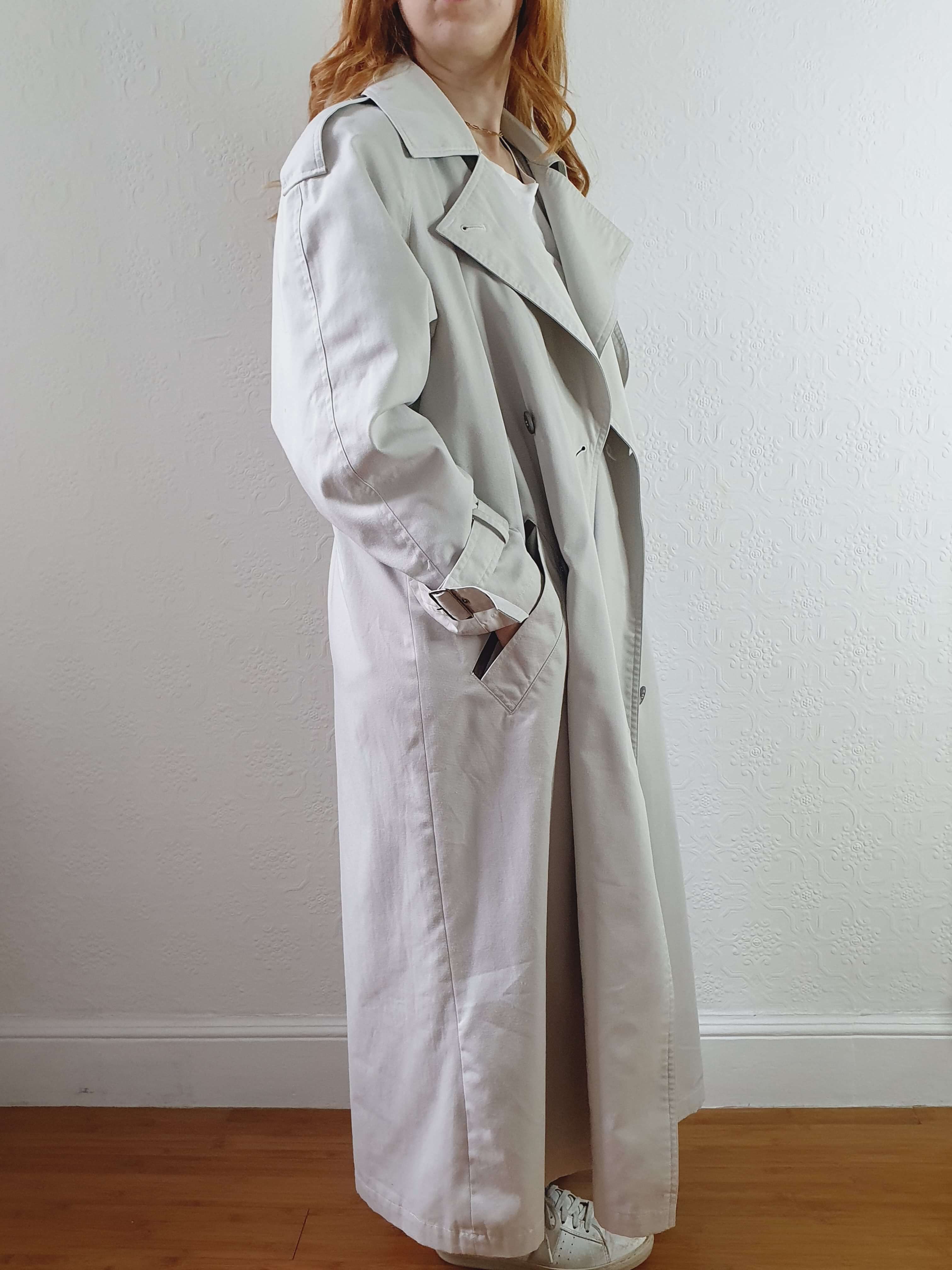 Vintage Light Grey Double Breasted Long Trench Coat - M - Image 5