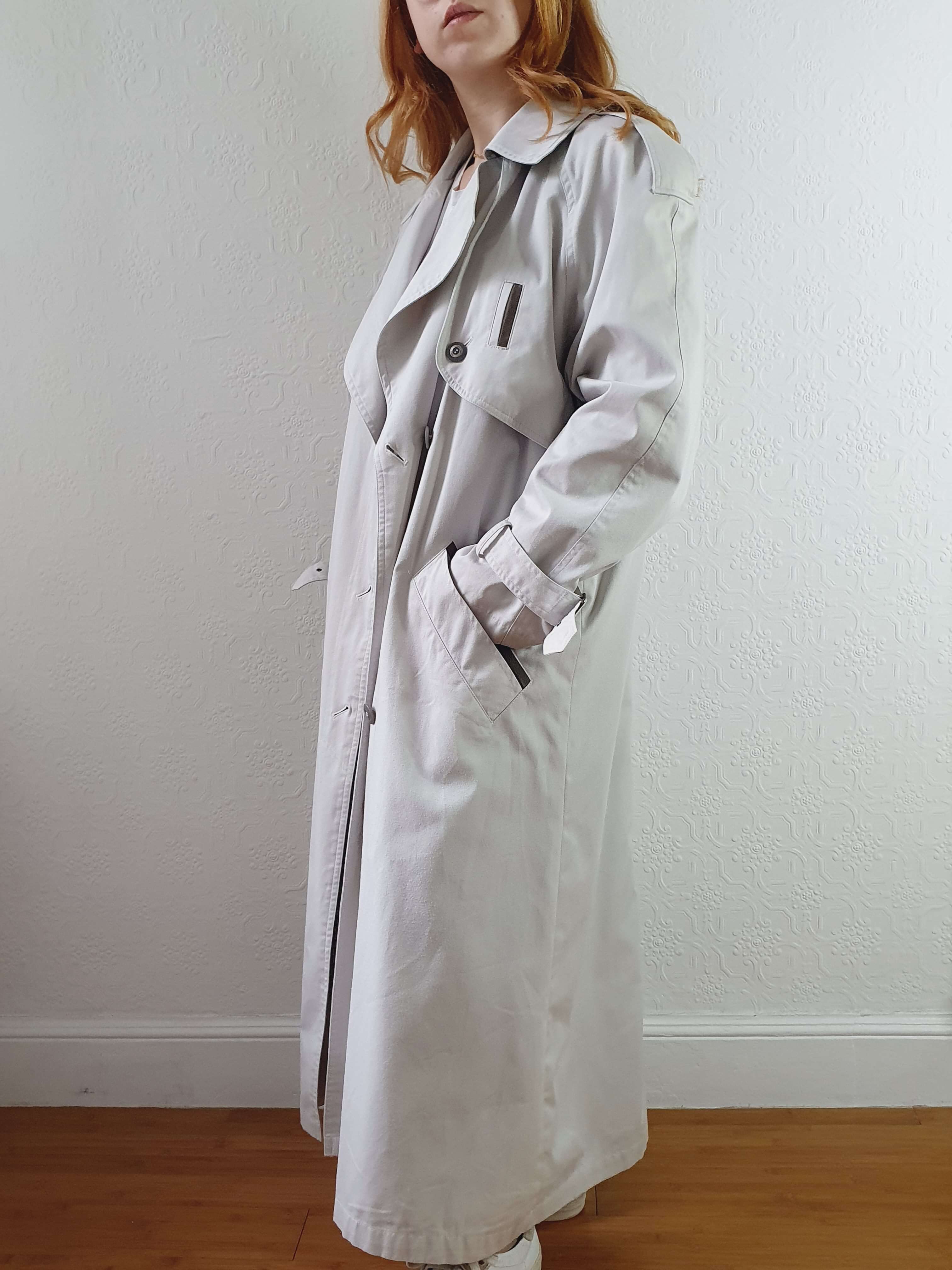 Vintage Light Grey Double Breasted Long Trench Coat - M - Image 7