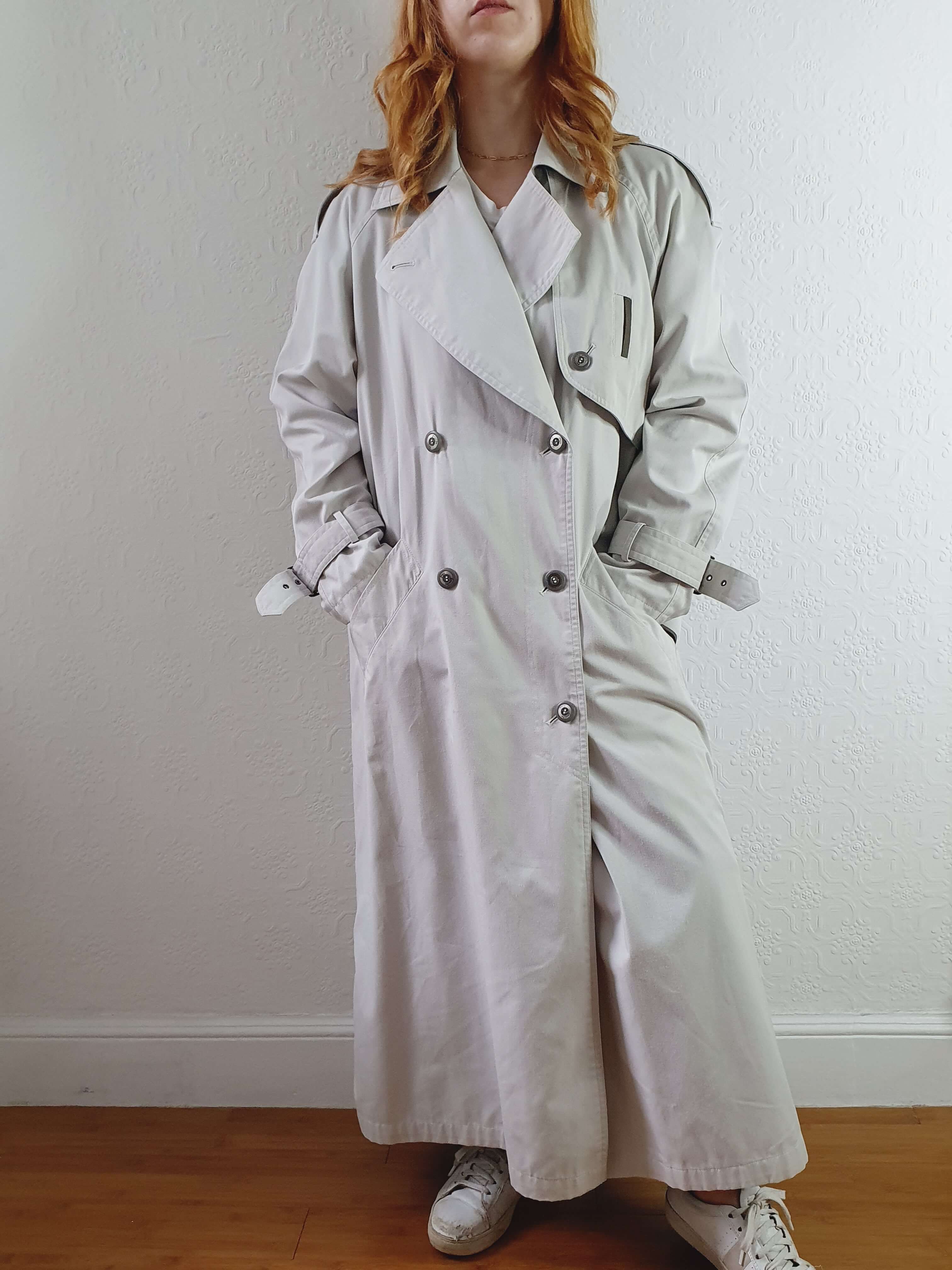 Vintage Light Grey Double Breasted Long Trench Coat - M - Image 8