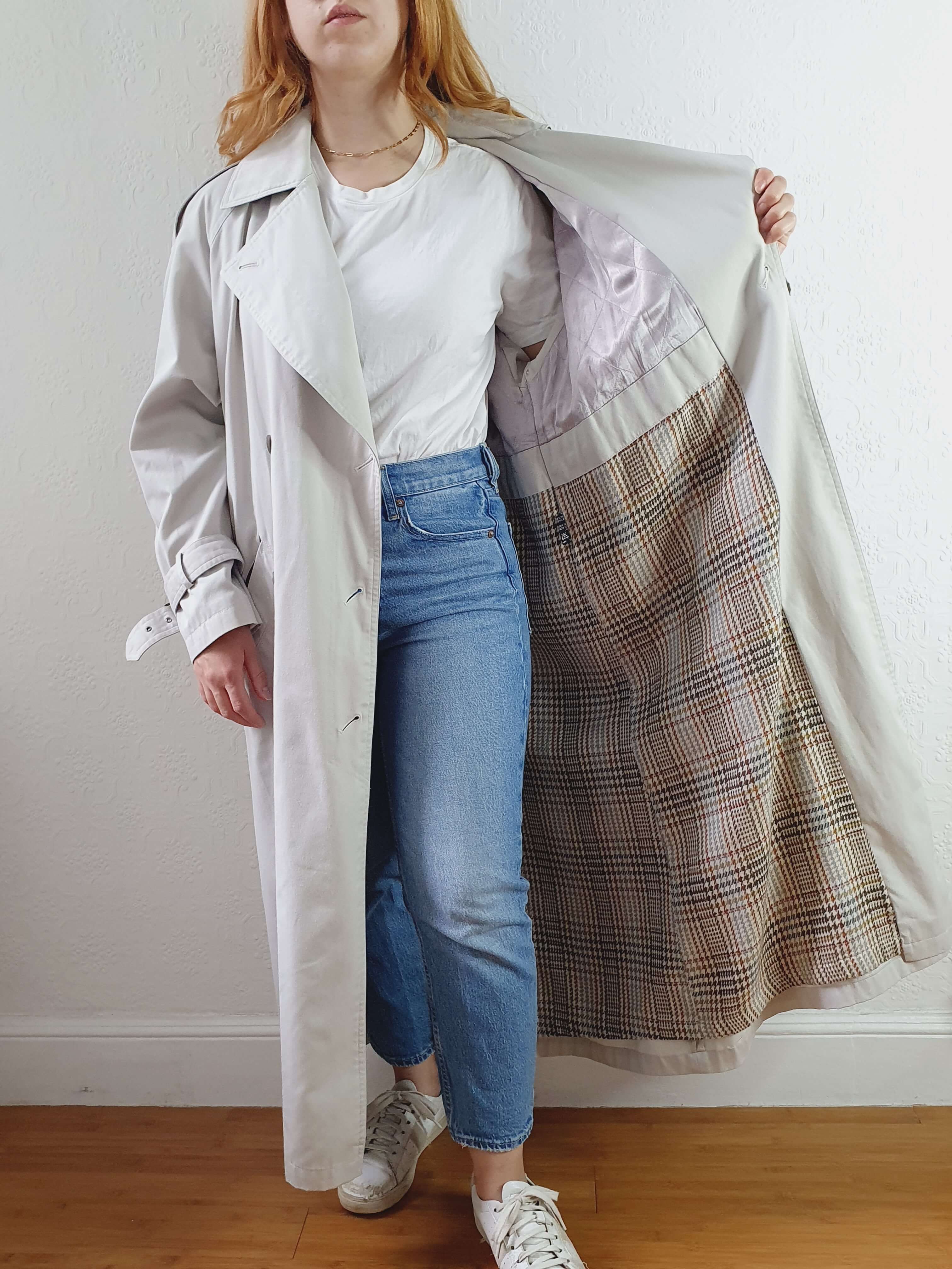 Vintage Light Grey Double Breasted Long Trench Coat - M - Image 9