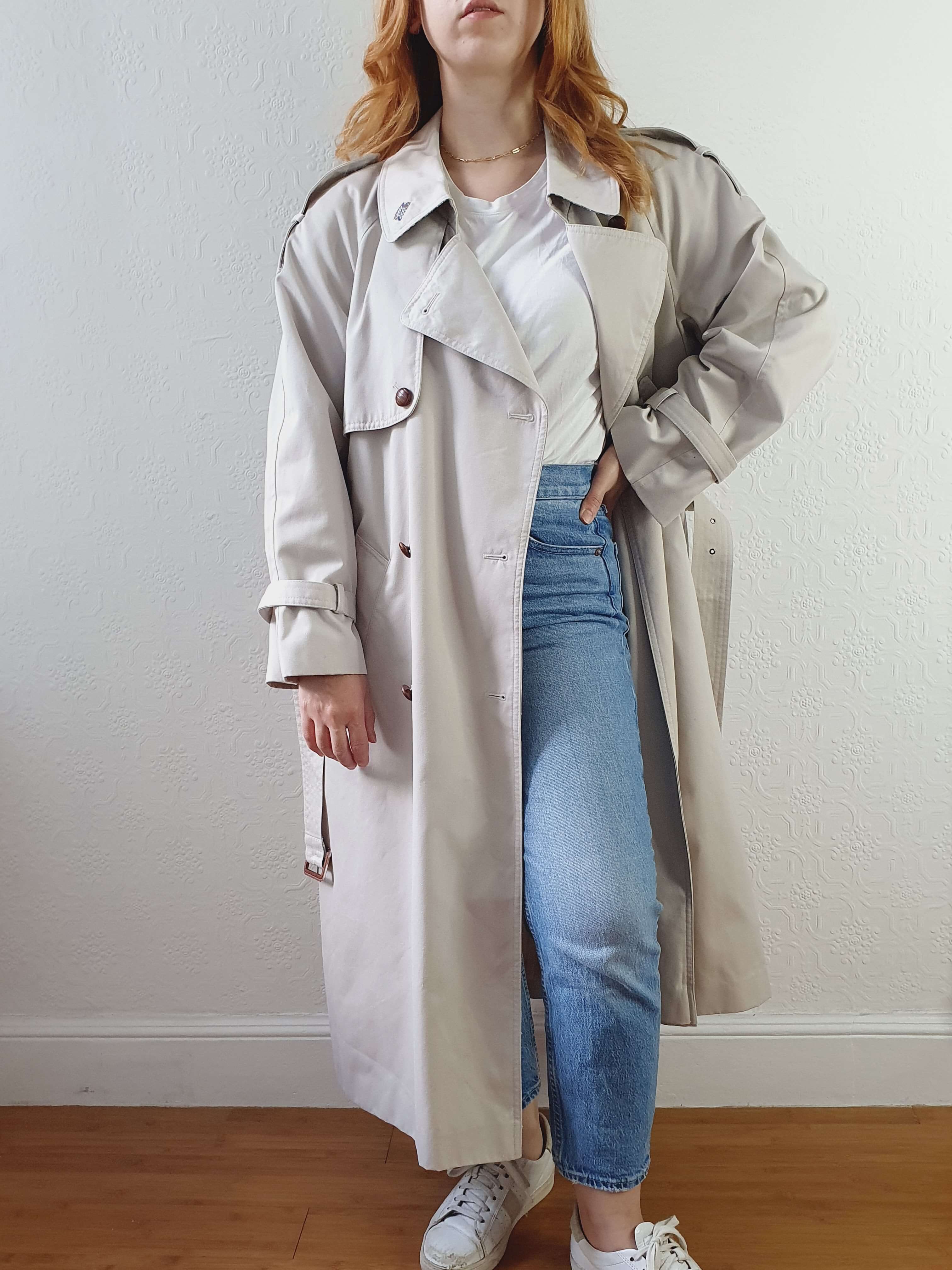 Vintage Light Grey Double Breasted Trench Coat with Belt - M