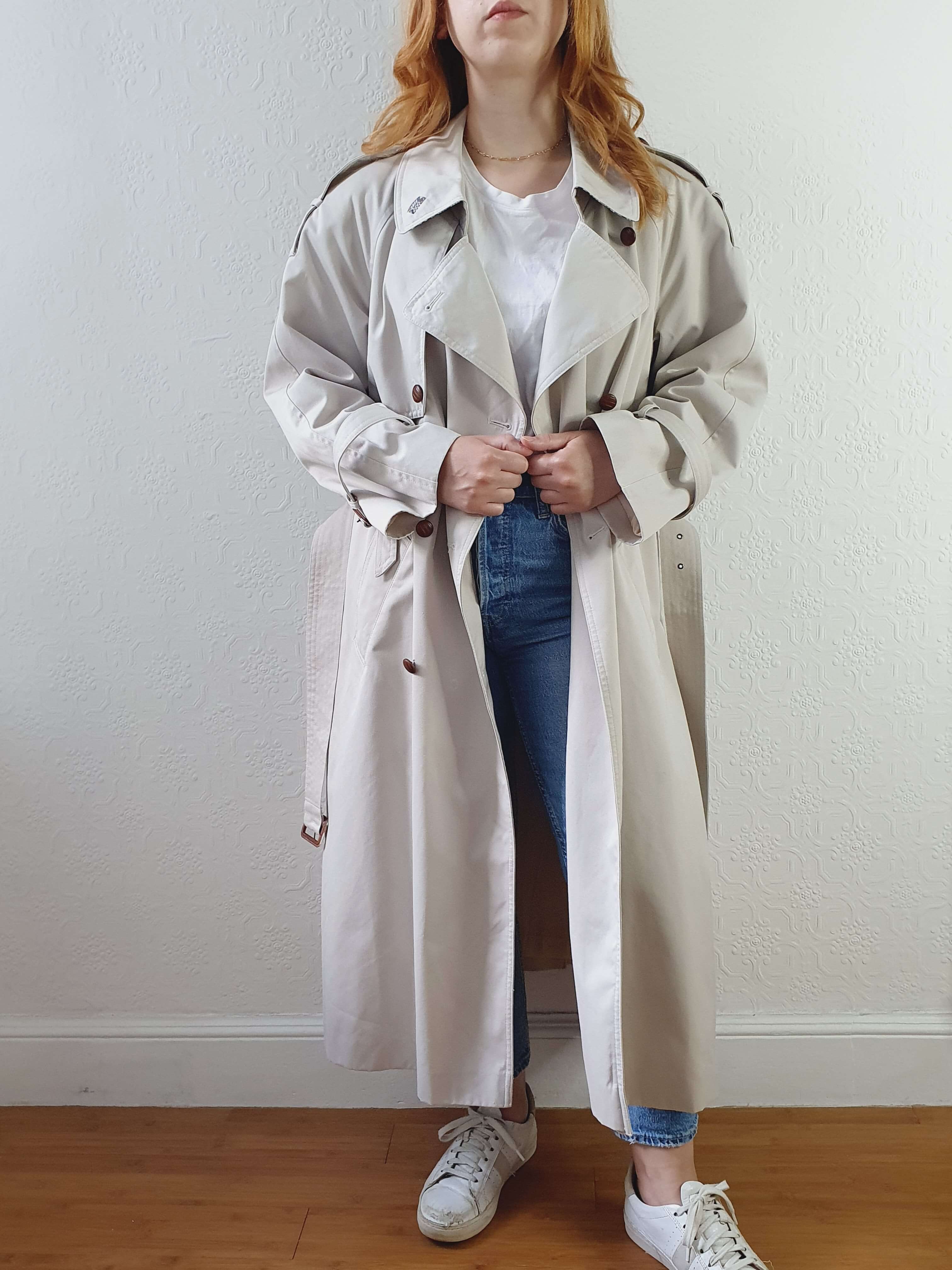 Vintage Light Grey Double Breasted Trench Coat with Belt - M - Image 2