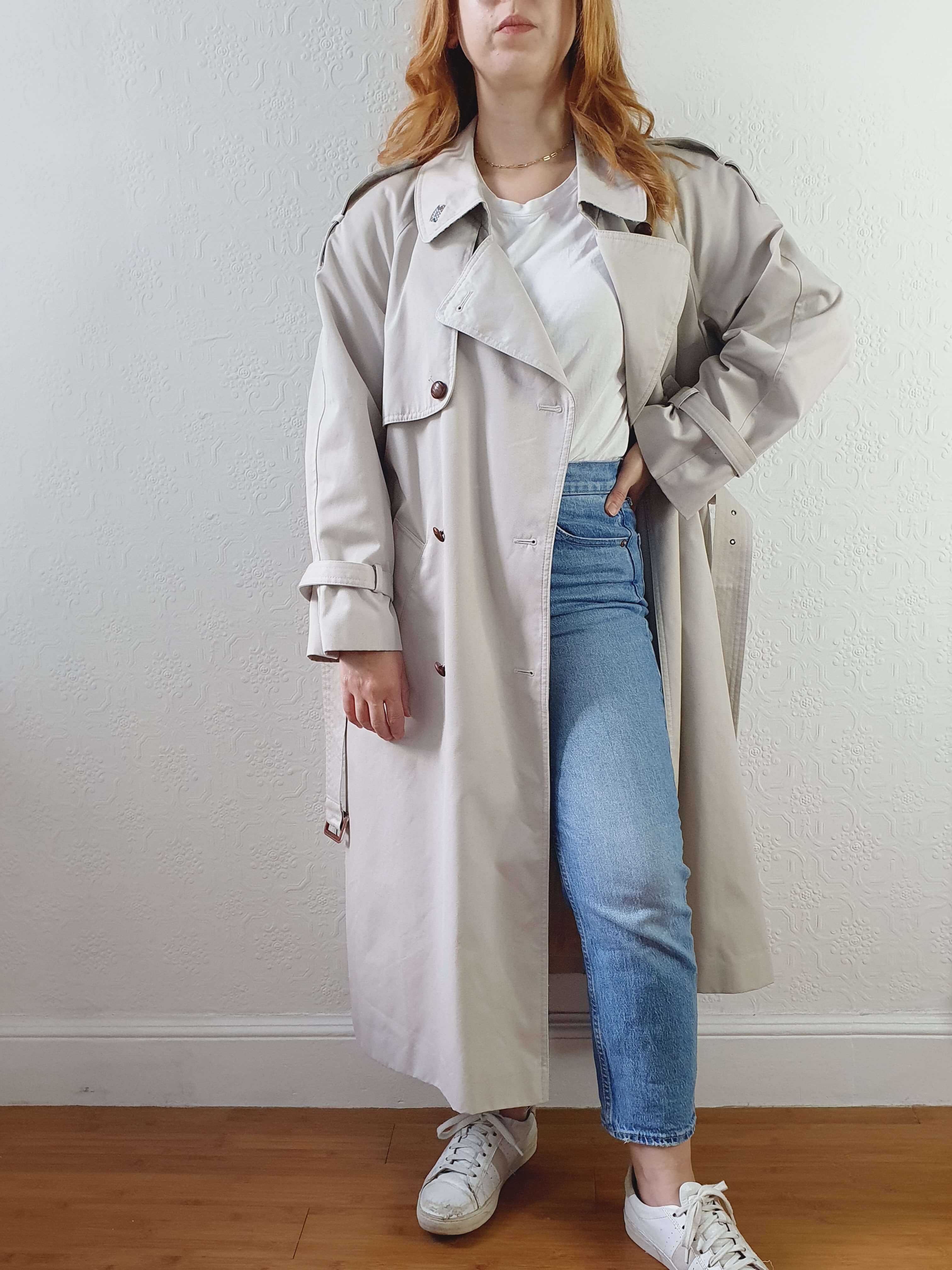 Vintage Light Grey Double Breasted Trench Coat with Belt - M - Image 3
