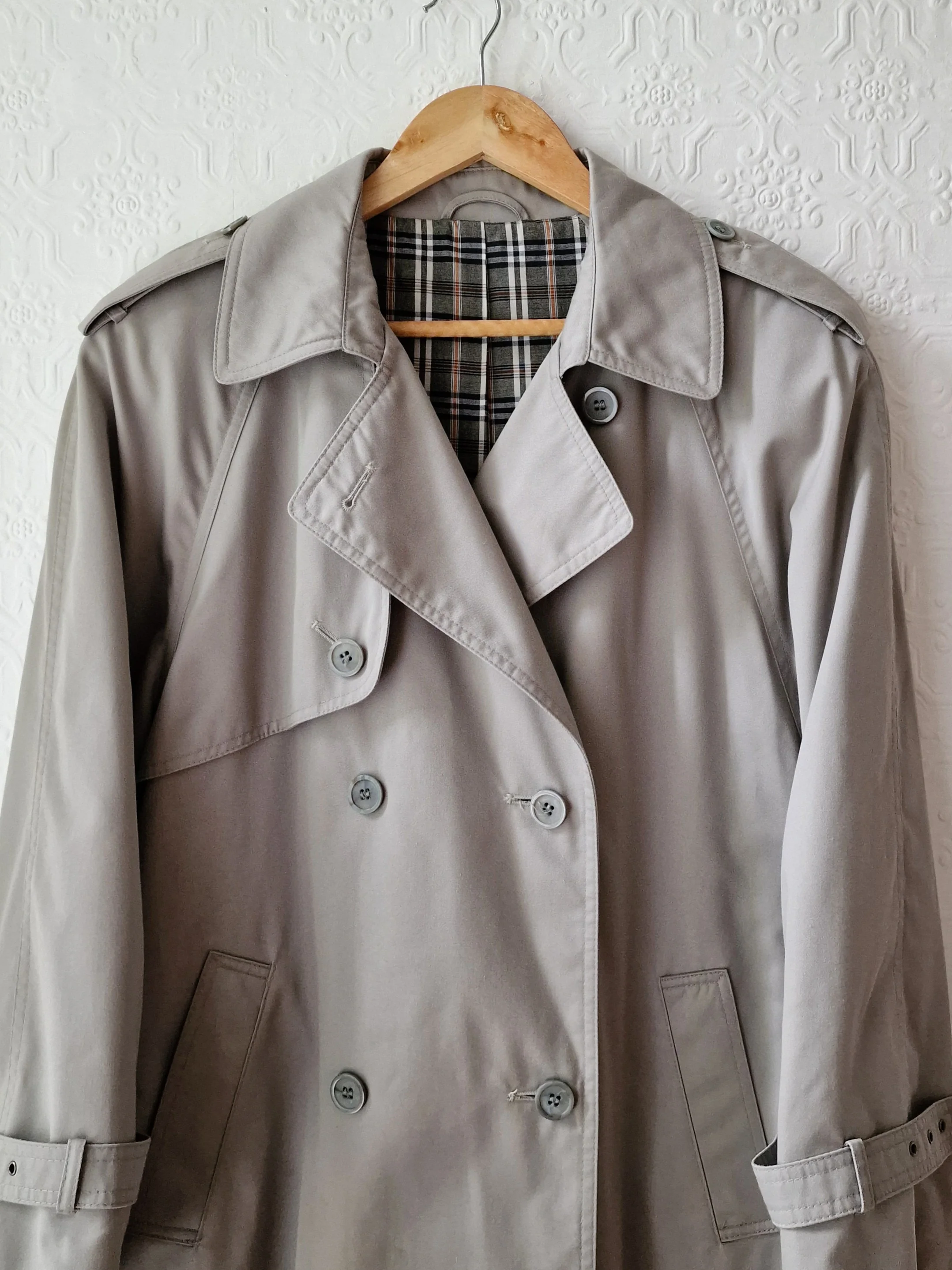 Vintage Light Grey Double Breasted Trench Coat with Belt - M - Image 10