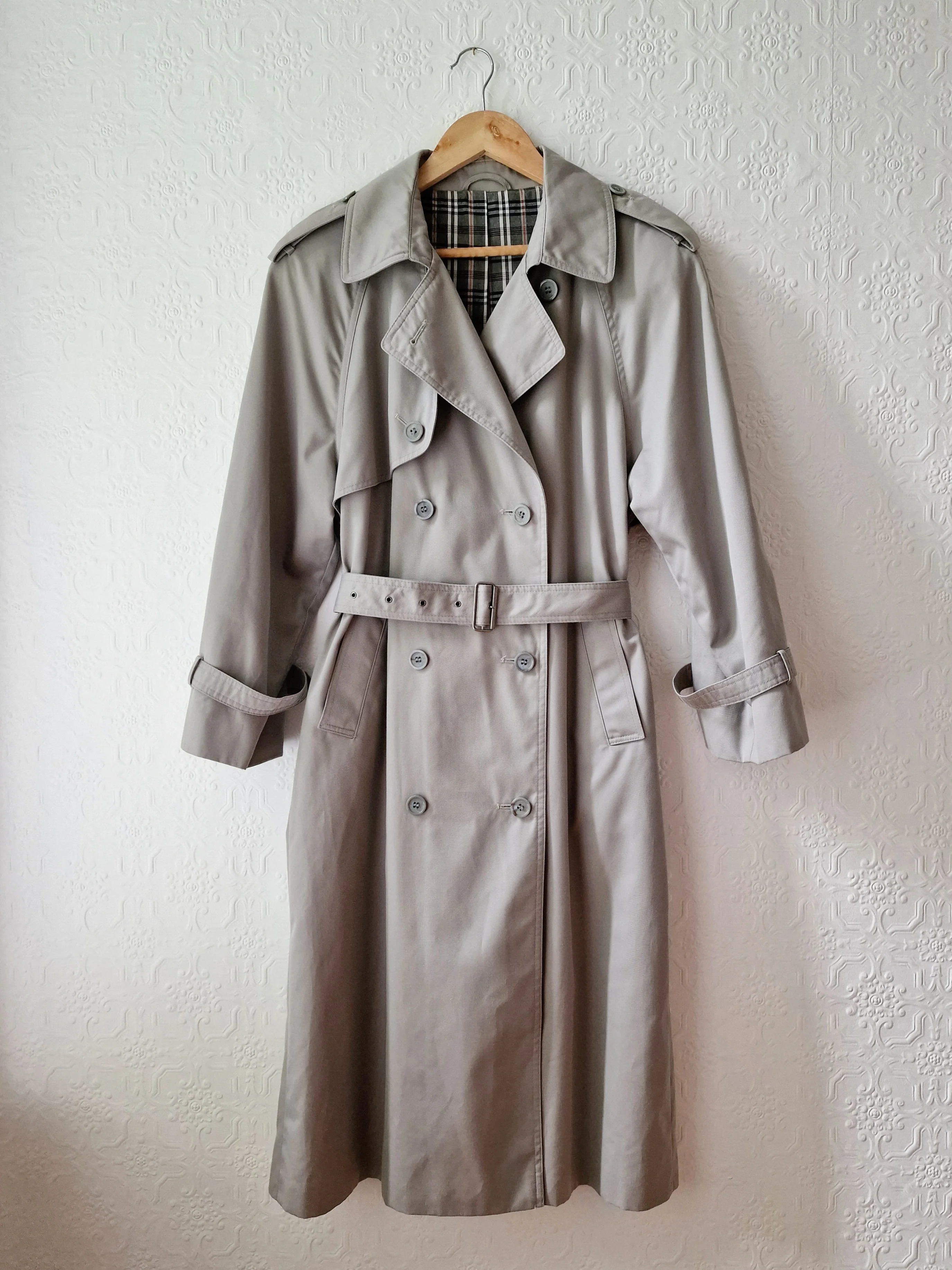 Vintage Light Grey Double Breasted Trench Coat with Belt - M - Image 12