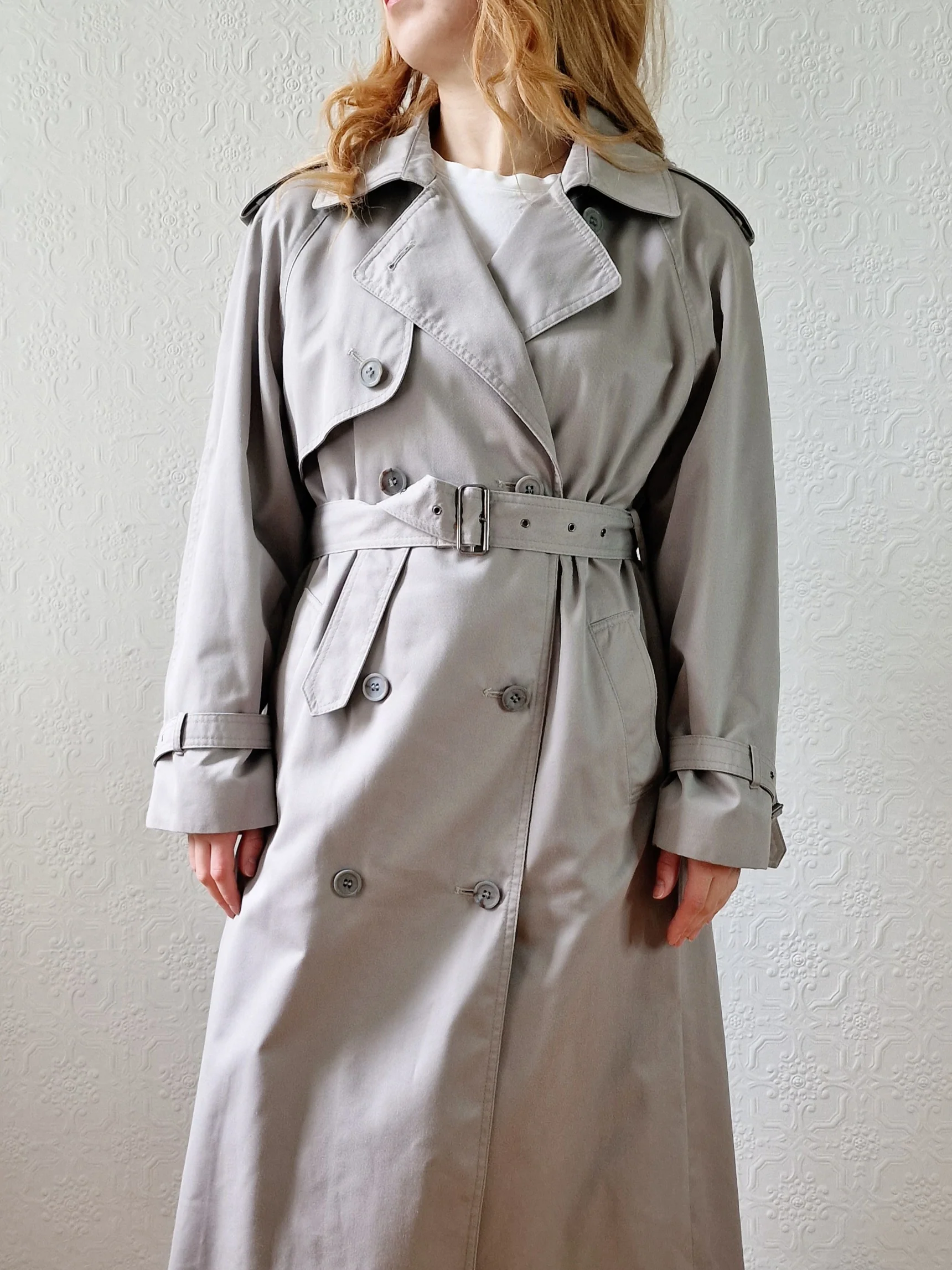 Vintage Light Grey Double Breasted Trench Coat with Belt - M - Image 3
