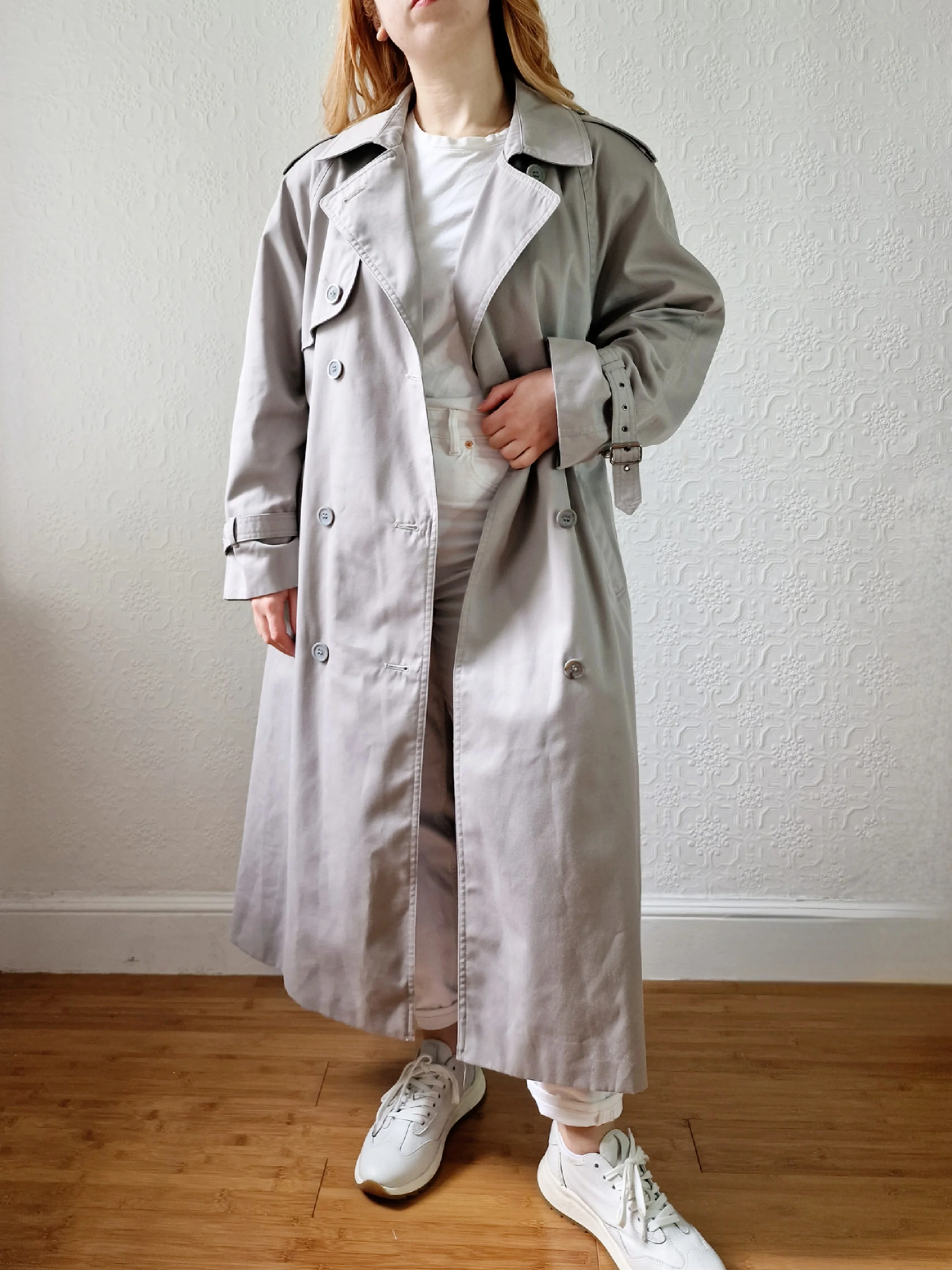 Vintage Light Grey Double Breasted Trench Coat with Belt - M - Image 6